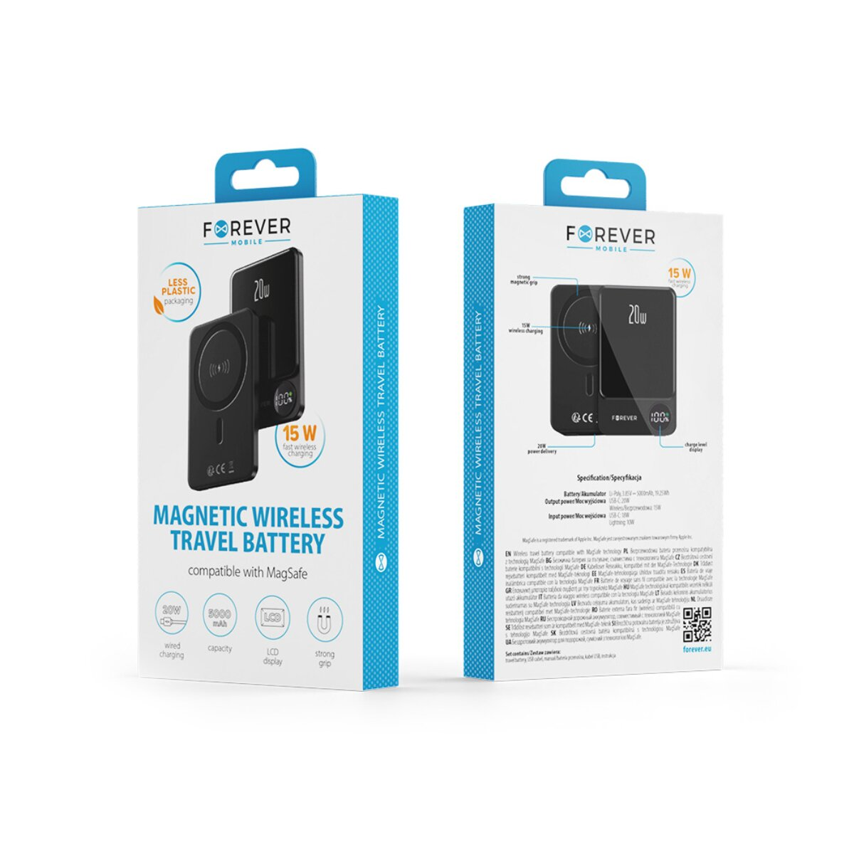 Verpackung einer schwarzen magnetischen Reisepowerbank mit 15W Schnellladung.