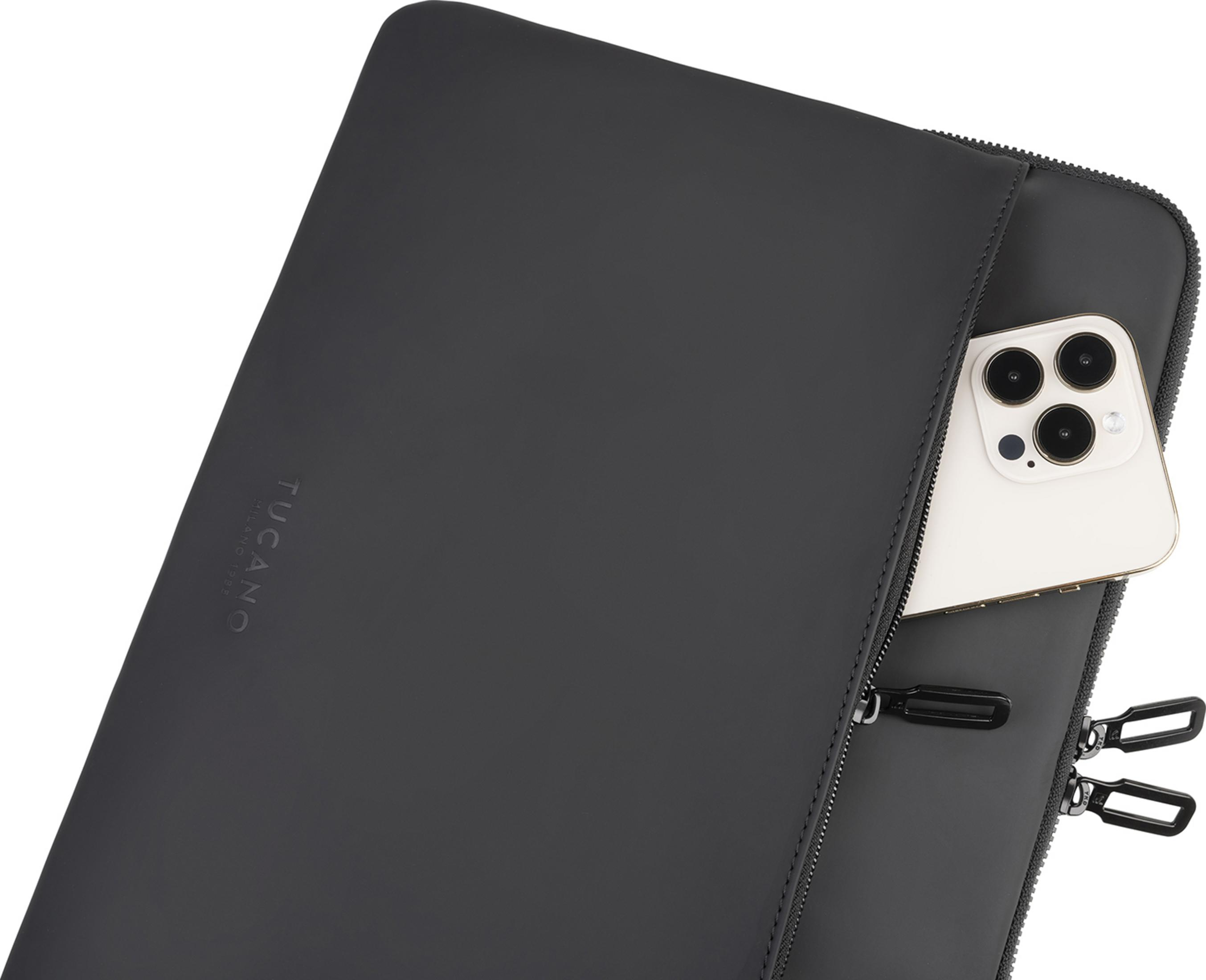 A black case with a white smartphone partially sticking out.
