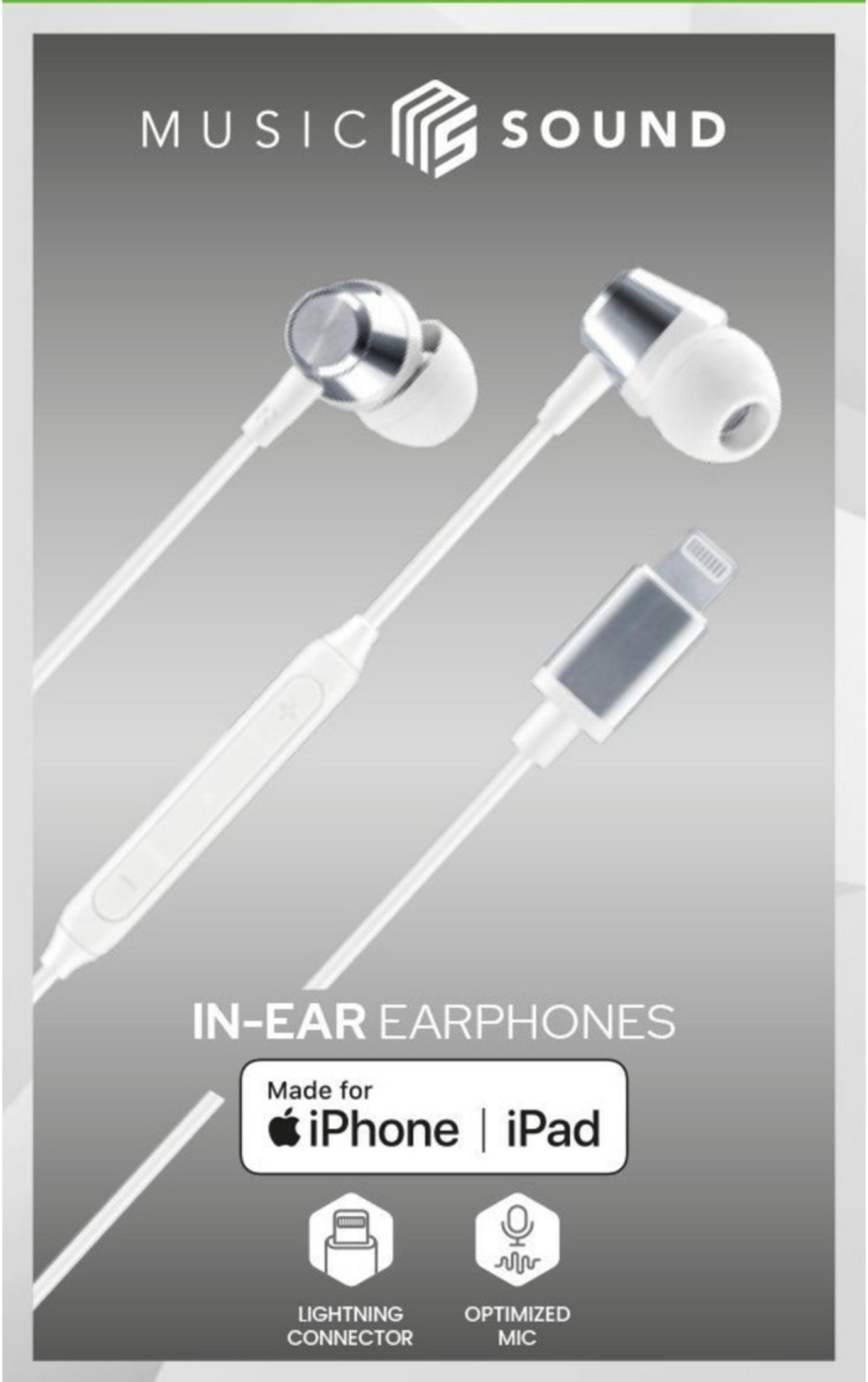 Weiße In-Ear-Kopfhörer mit Lightning-Anschluss für iPhone/iPad.