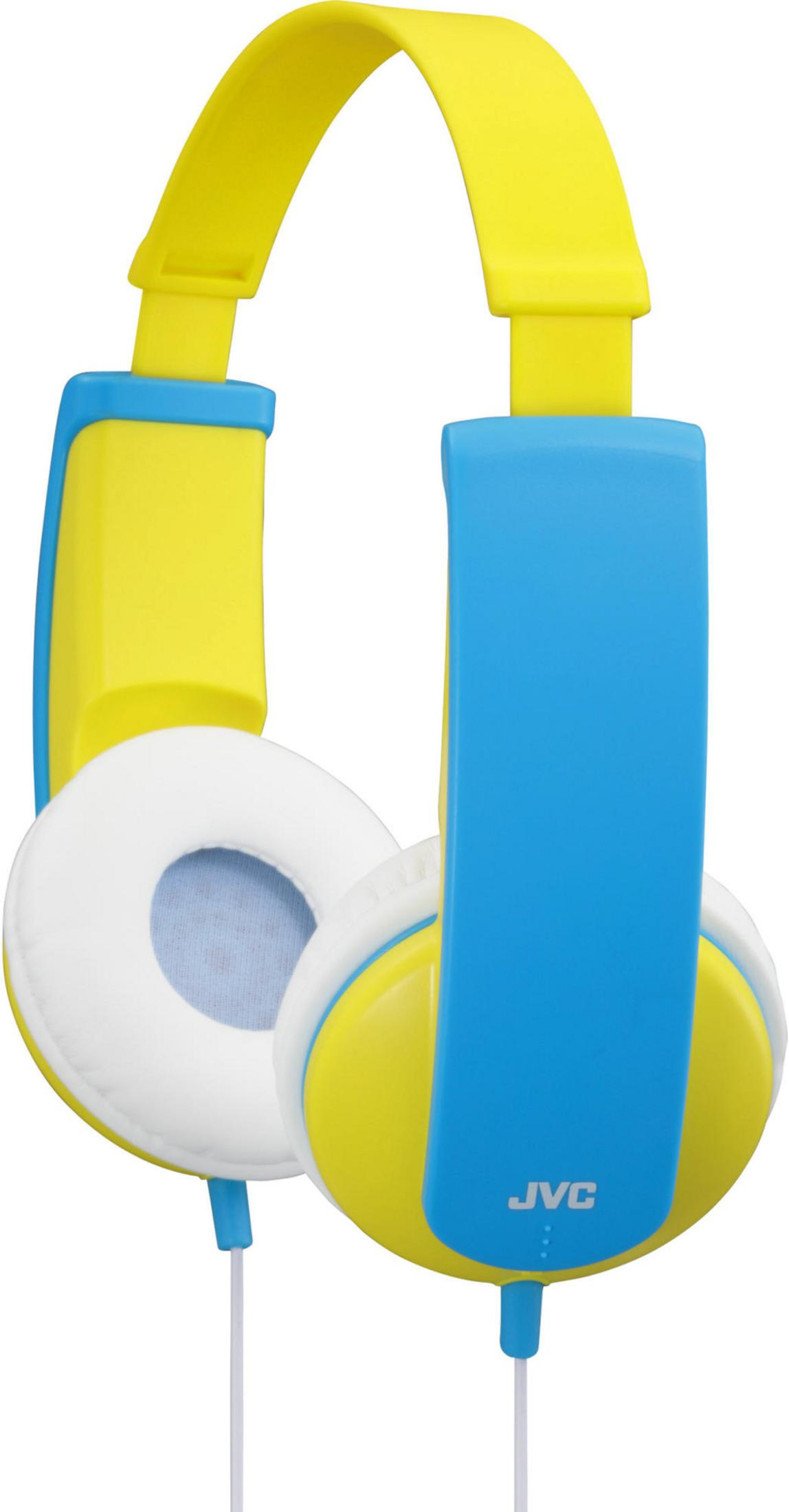 Bunte Kopfhörer mit gelbem Bügel und blauen Ohrmuscheln auf weißem Hintergrund.