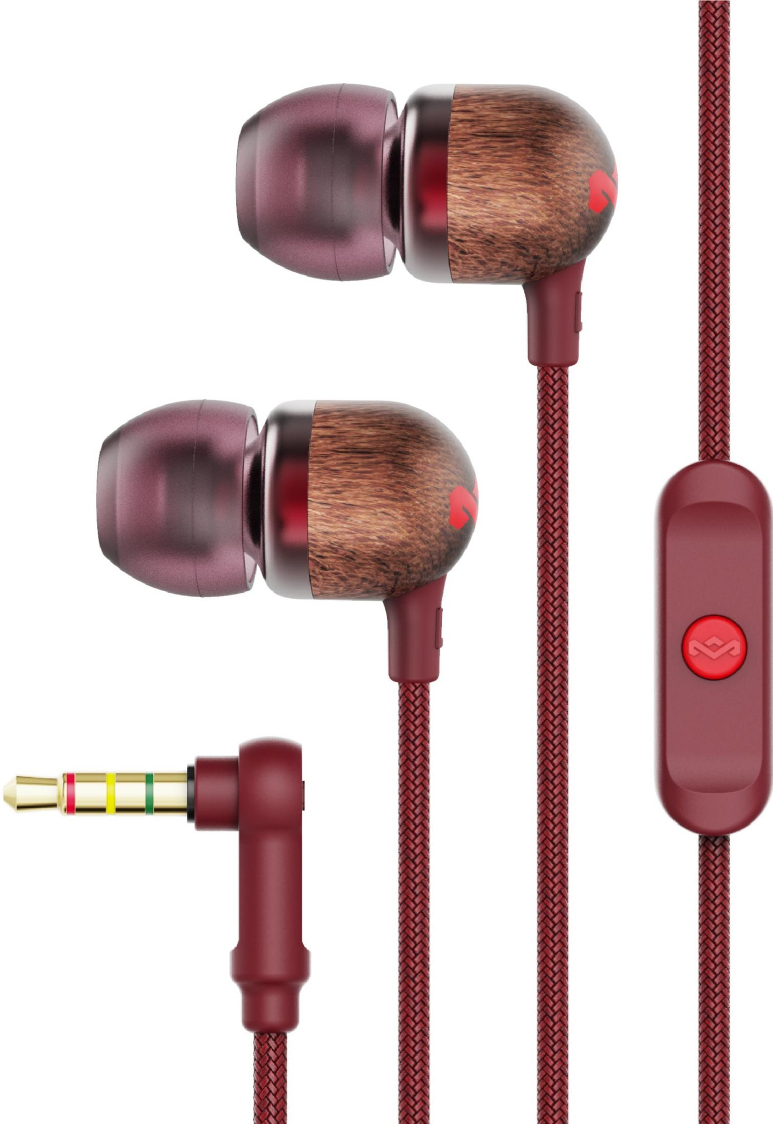 Auriculares rojos in-ear con detalle de madera y conector en ángulo.