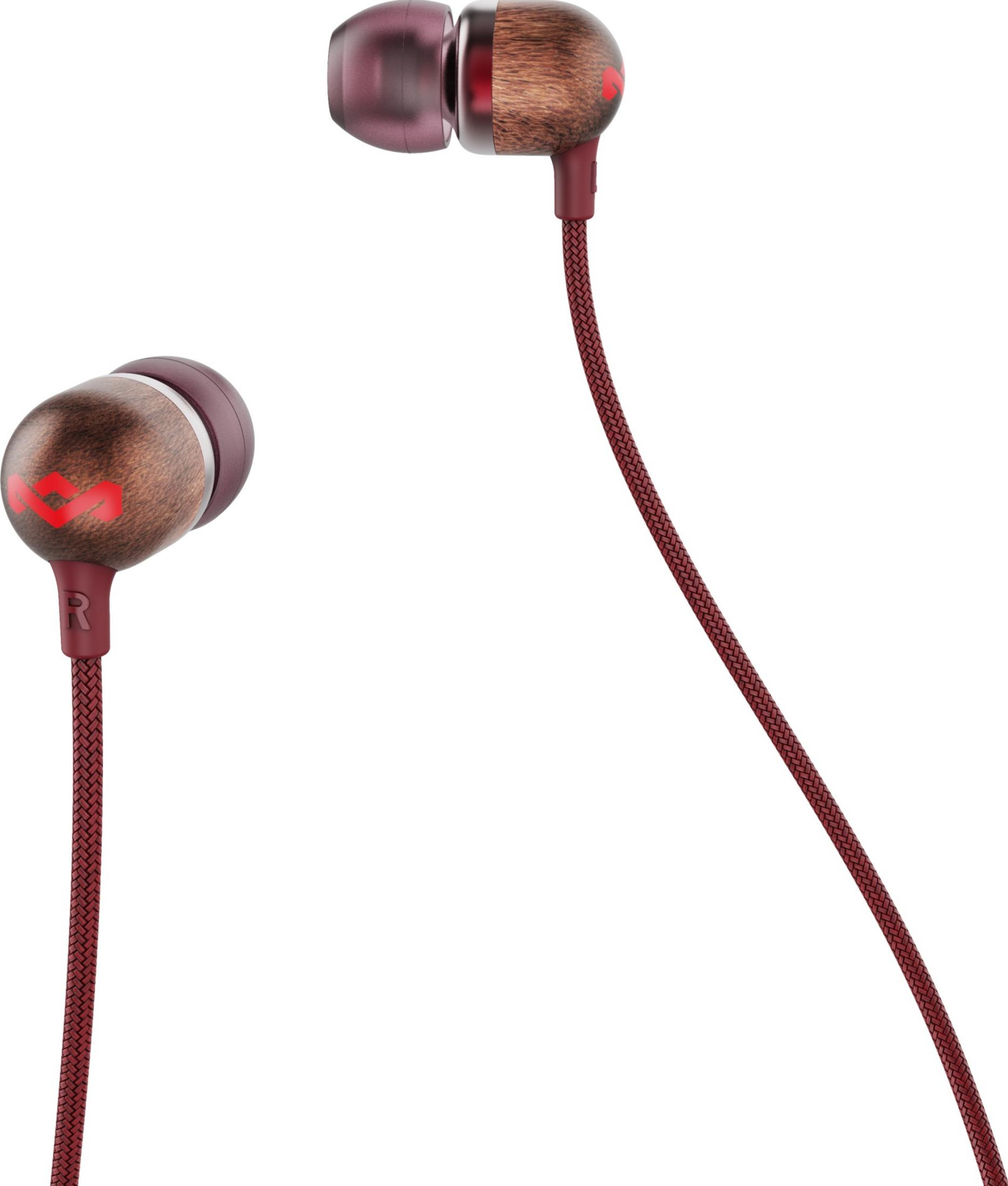 Auriculares de madera con logo rojo y cable.