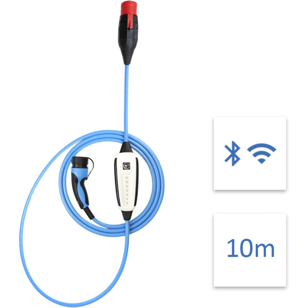 Ein blaues Ladekabel mit Steckern und Bluetooth/WLAN-Symbolen.