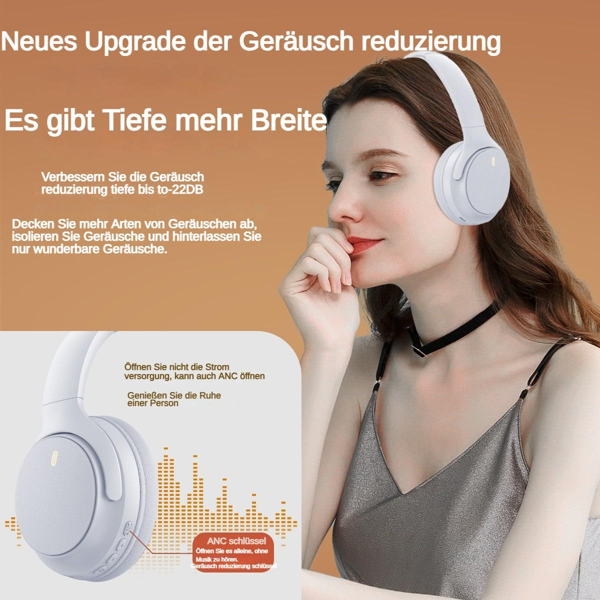 Frau mit weißen Kopfhörern, Text über Geräuschunterdrückung.