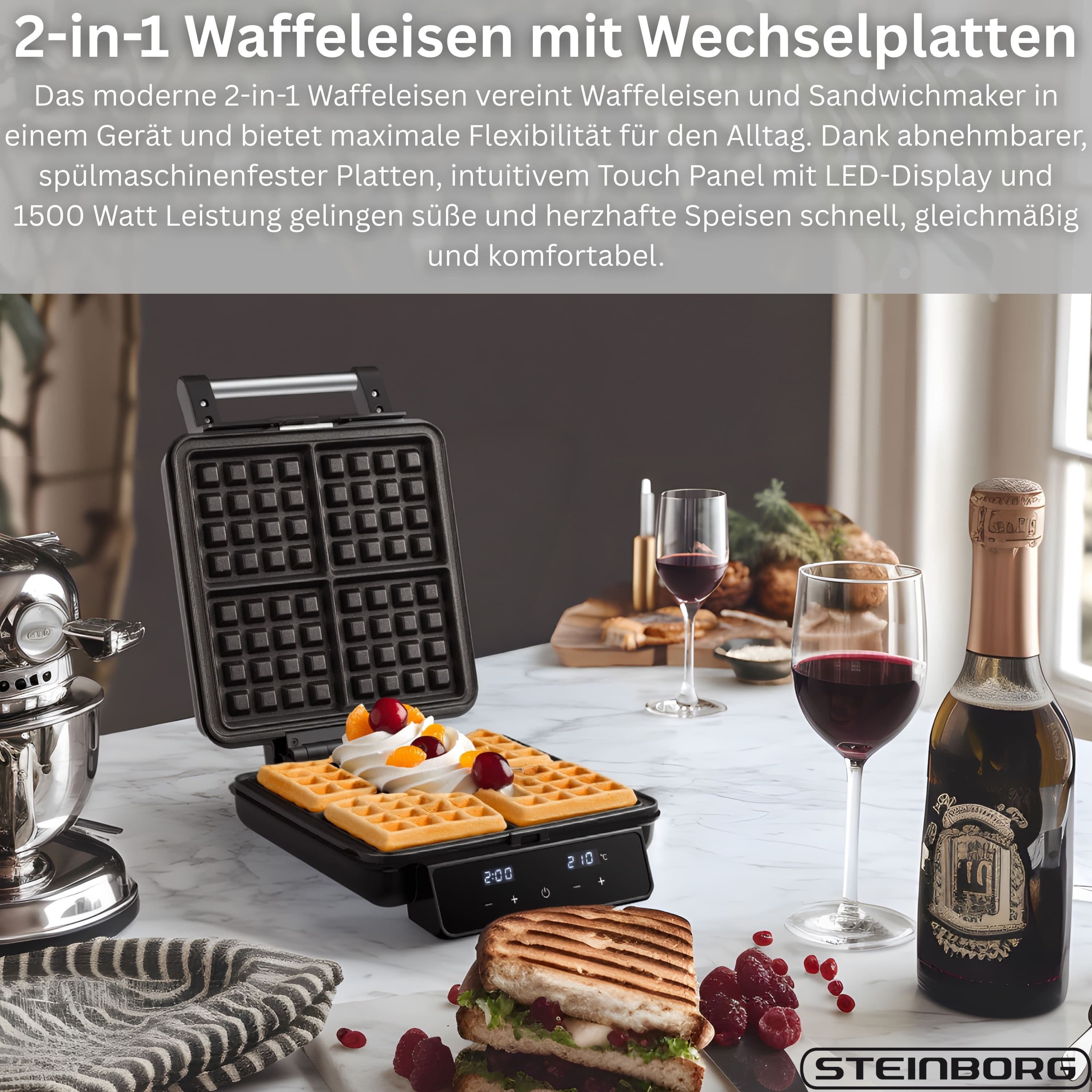 Ein 2-in-1 Waffeleisen mit Sandwiches, Waffeln und Wein auf Marmortisch.