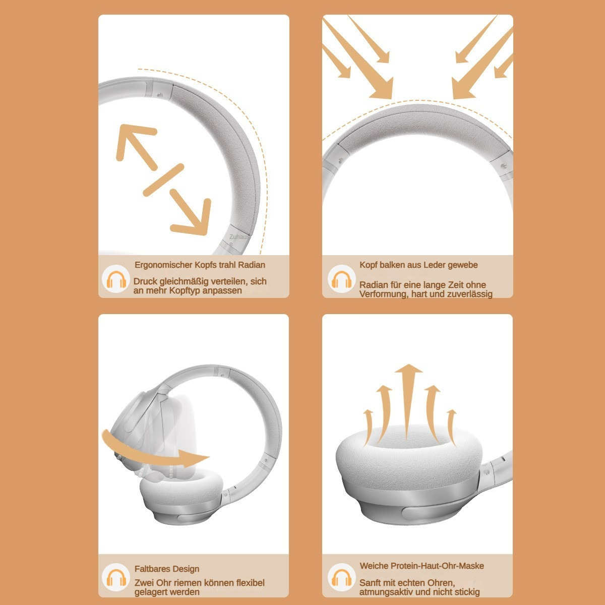 Vier Grafiken zeigen Kopfhörer-Merkmale: ergonomisch, Lederbügel, faltbar, atmungsaktiv.
