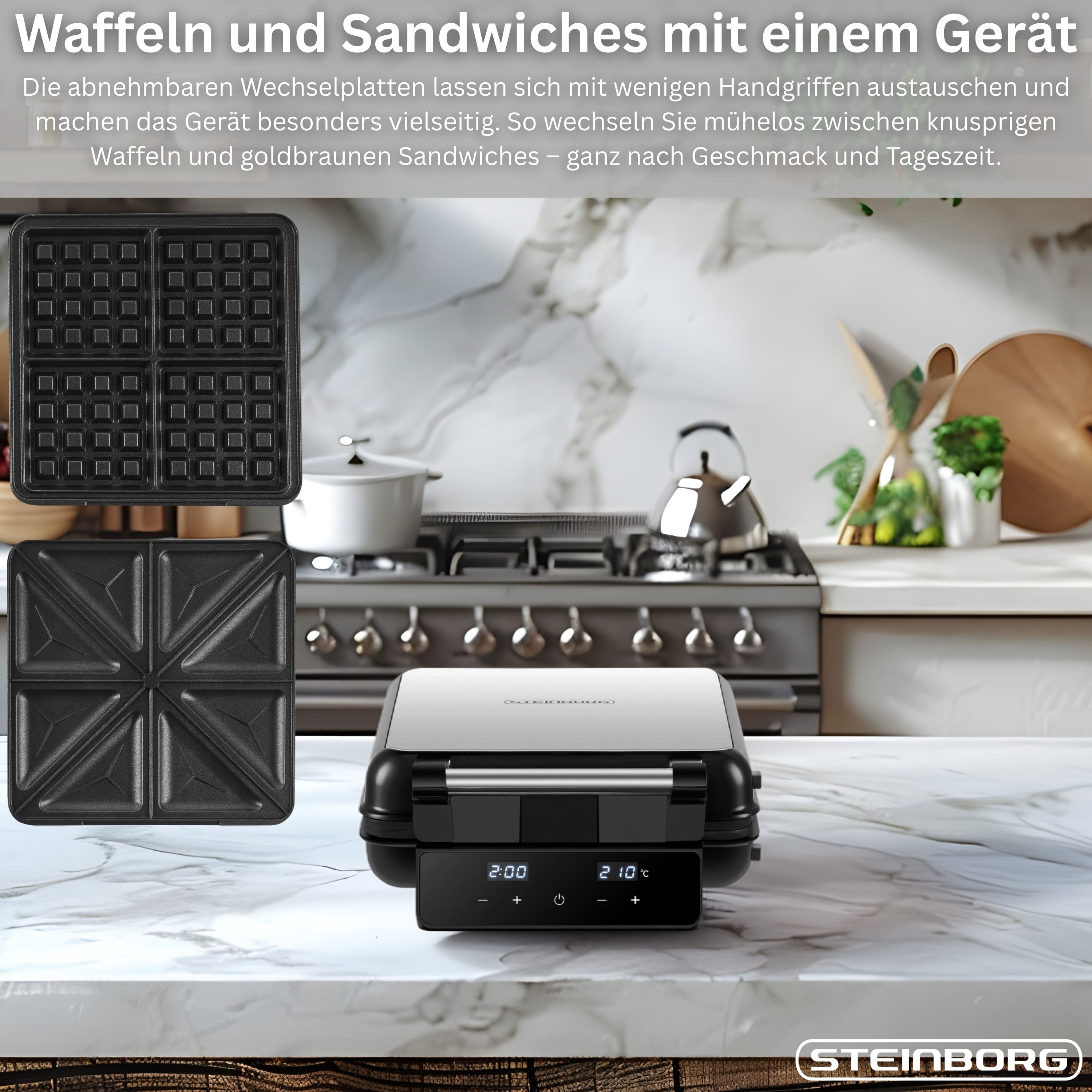 Ein Sandwich- und Waffelmaker mit Wechselplatten steht auf einer Marmorarbeitsplatte.