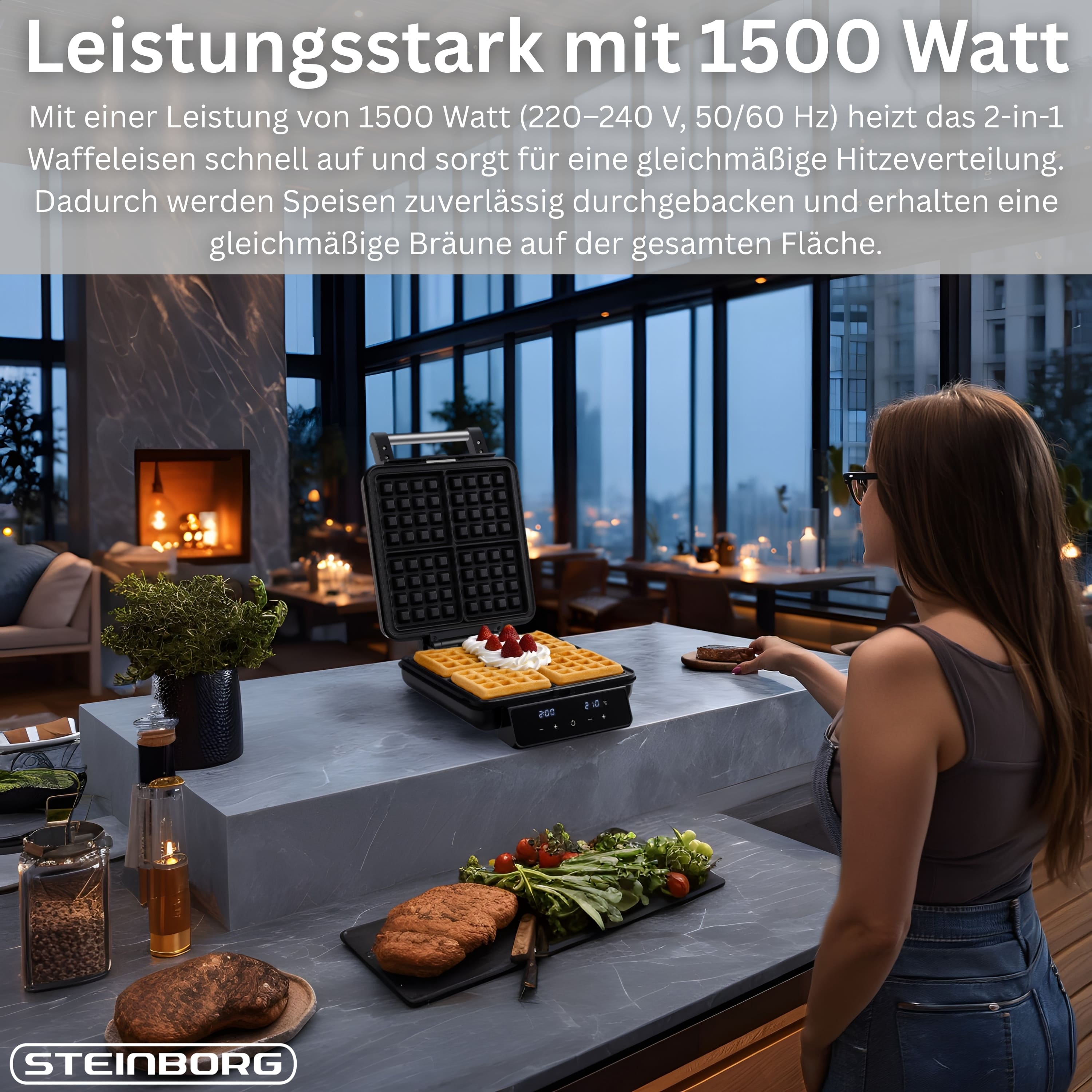 Ein Waffeleisen mit fertigen Waffeln, garniert mit Sahne und Erdbeeren.