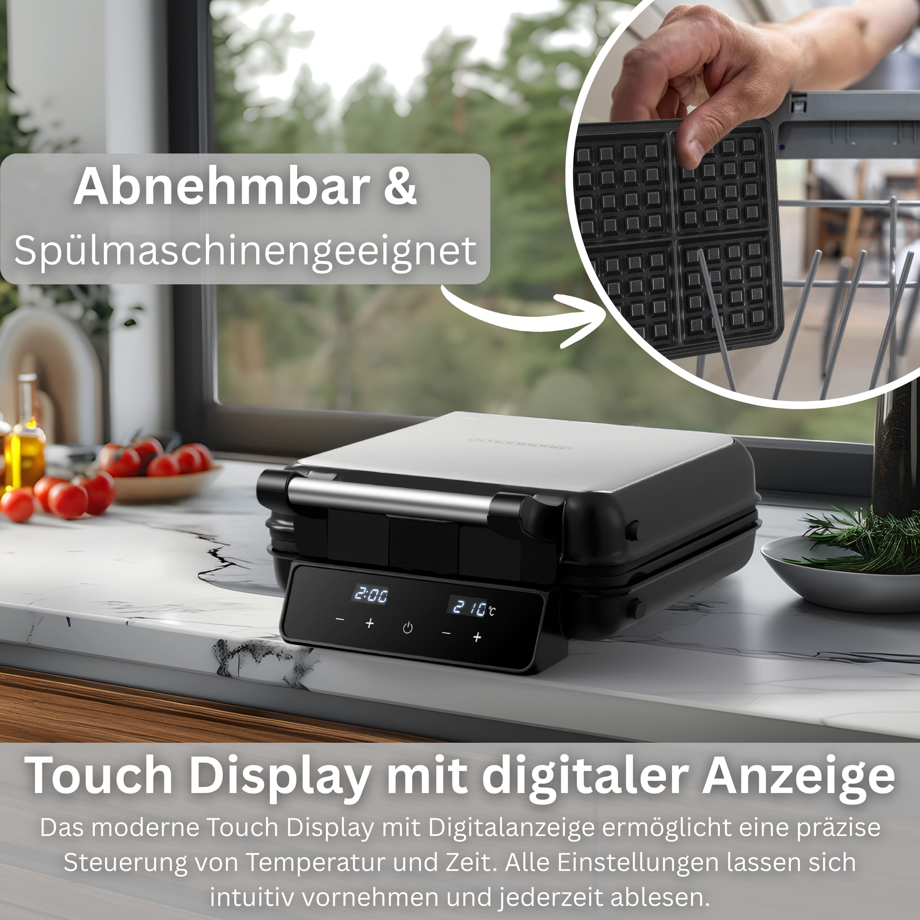 Ein Waffeleisen mit Touch-Display steht auf einer Marmorarbeitsplatte. Es ist abnehmbar und spülmaschinenfest.