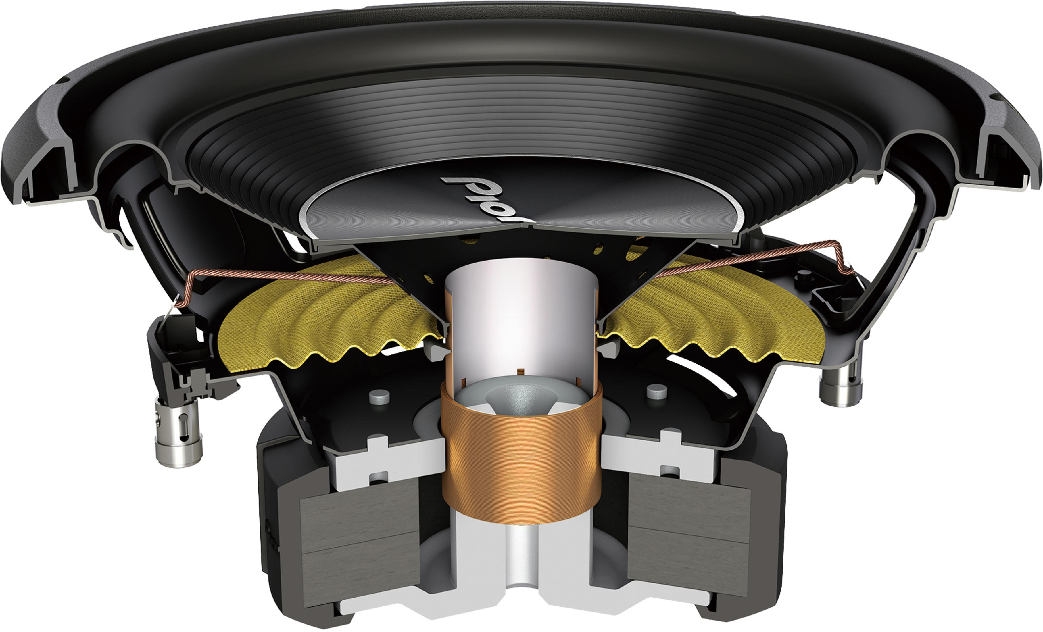 Vista in sezione di un subwoofer con bobina, magnete e cono.