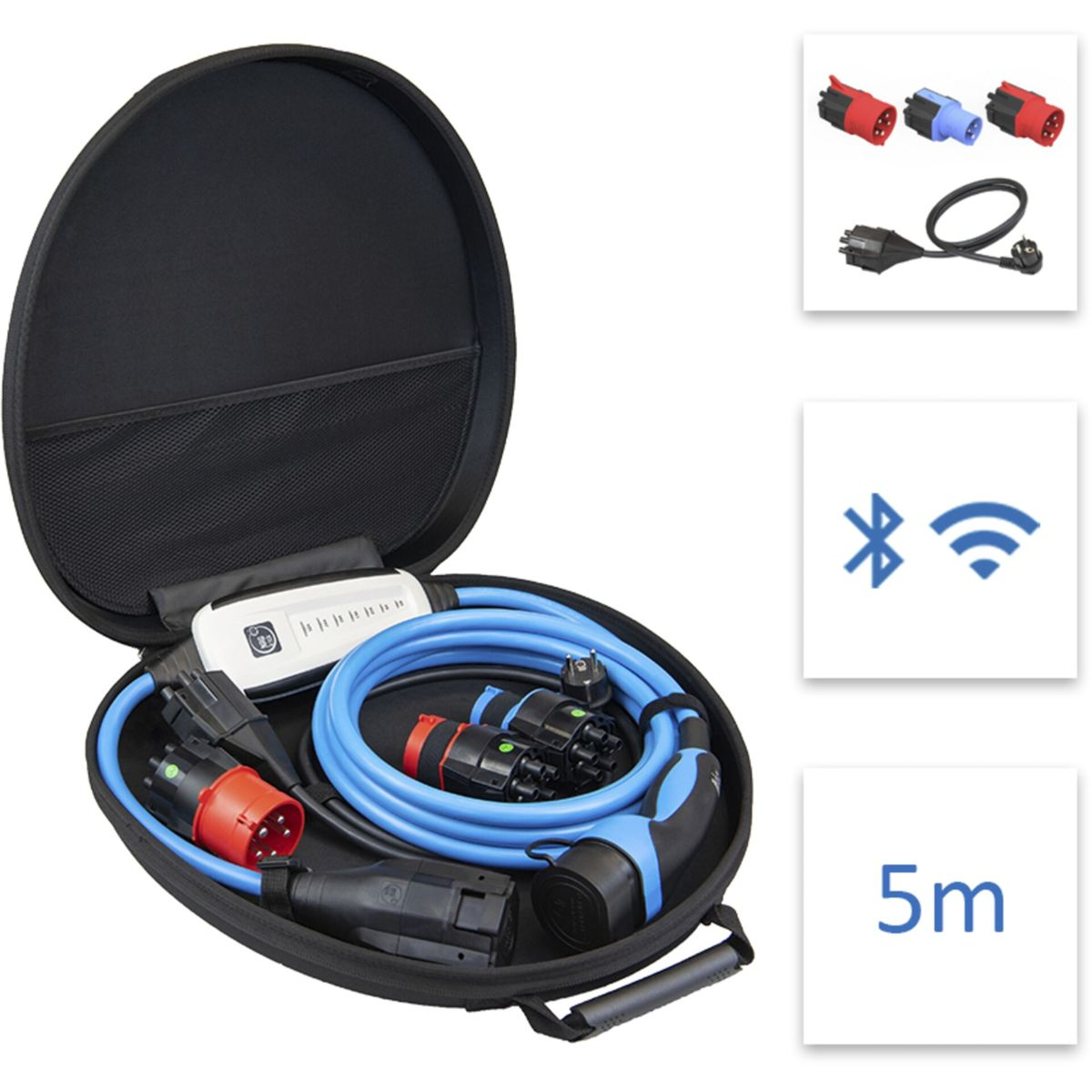 Ladekabelset mit blauem Kabel, Adaptern und schwarzer Tasche. Bluetooth- und WLAN-Symbole.