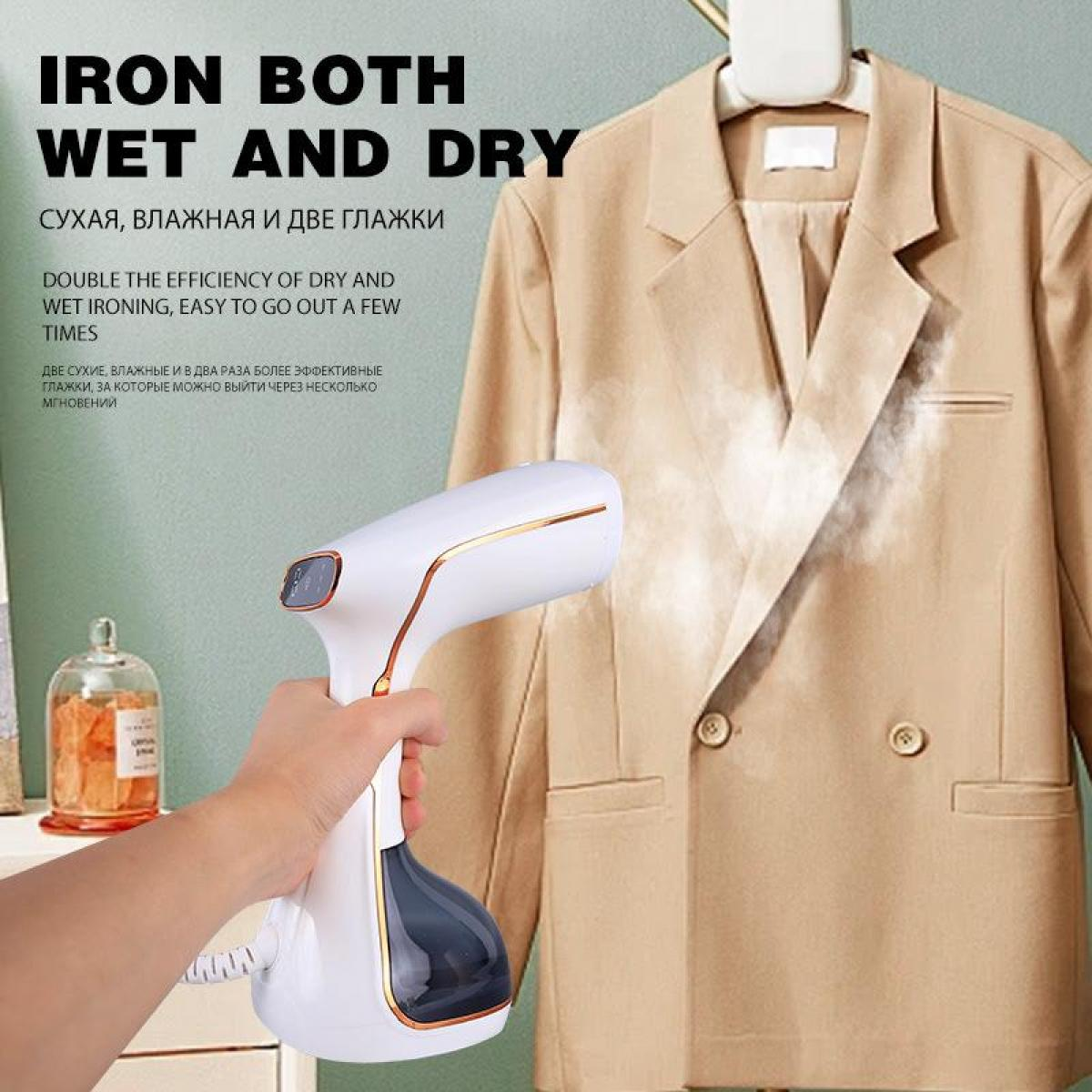 Ein weißer Dampfbügler wird verwendet, um einen beigen Blazer zu glätten.