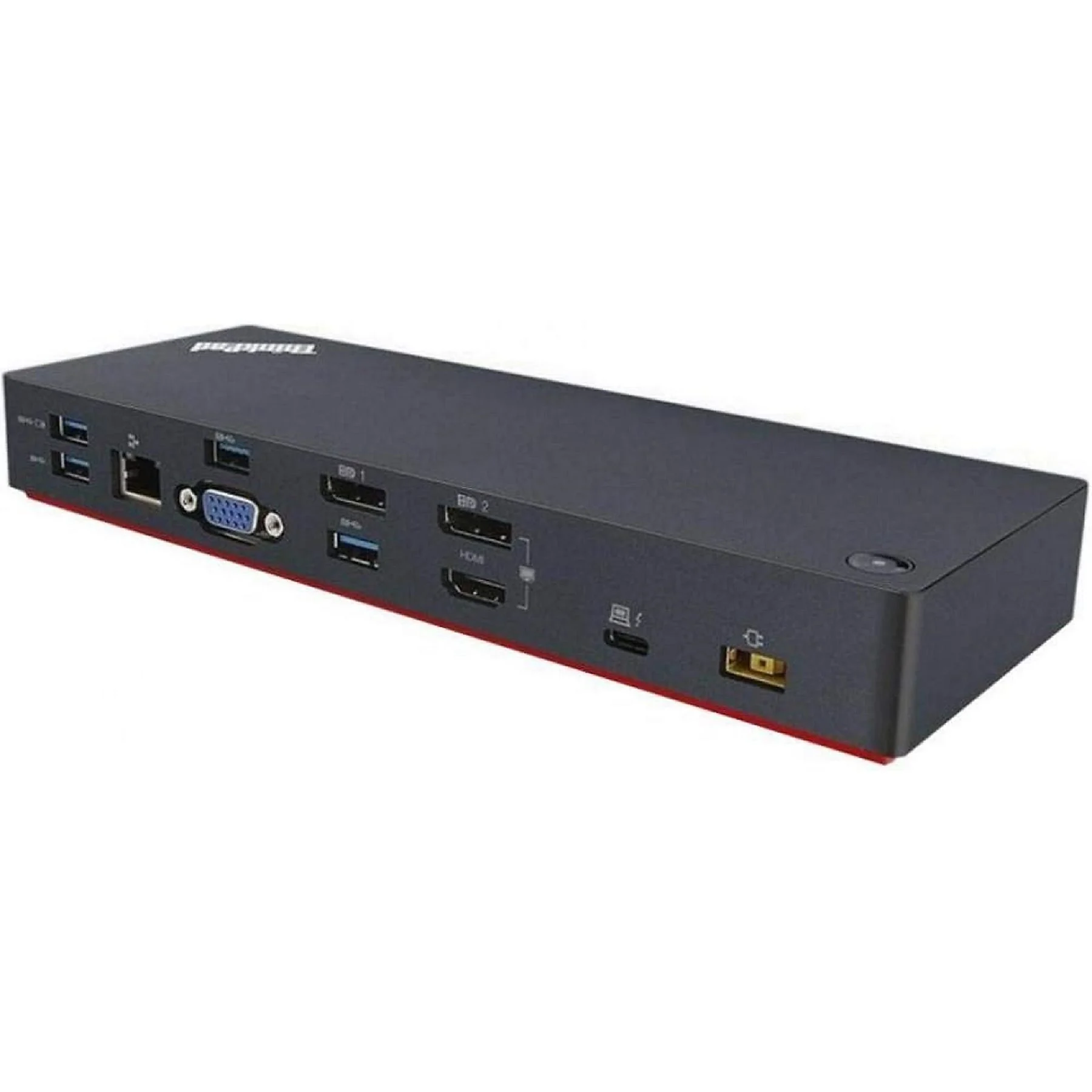 Schwarzer ThinkPad Dockingstation mit rotem Rand, mit mehreren Anschlüssen wie USB, HDMI und VGA.