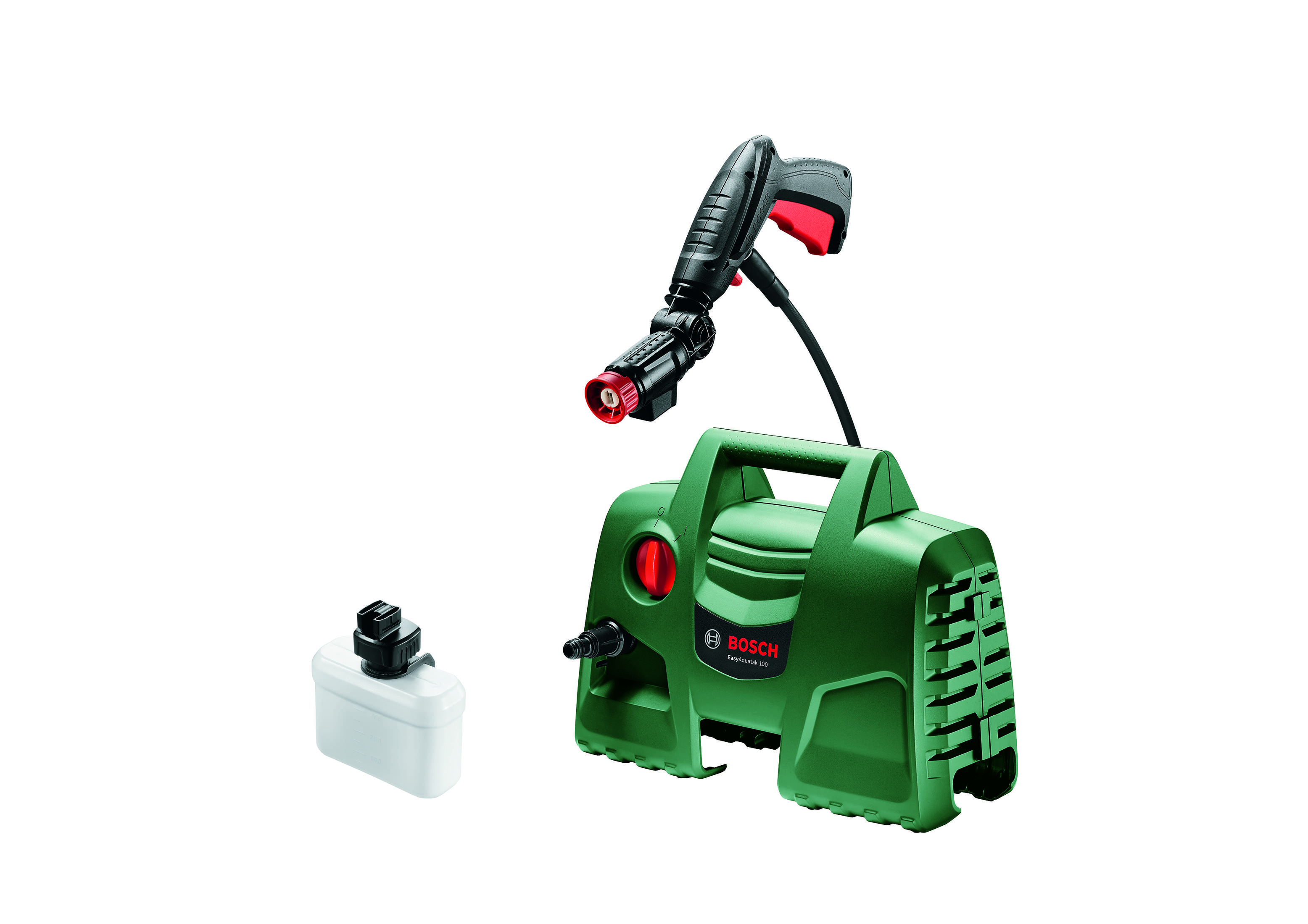 Groene Bosch hogedrukreiniger met spuitpistool en witte fles.