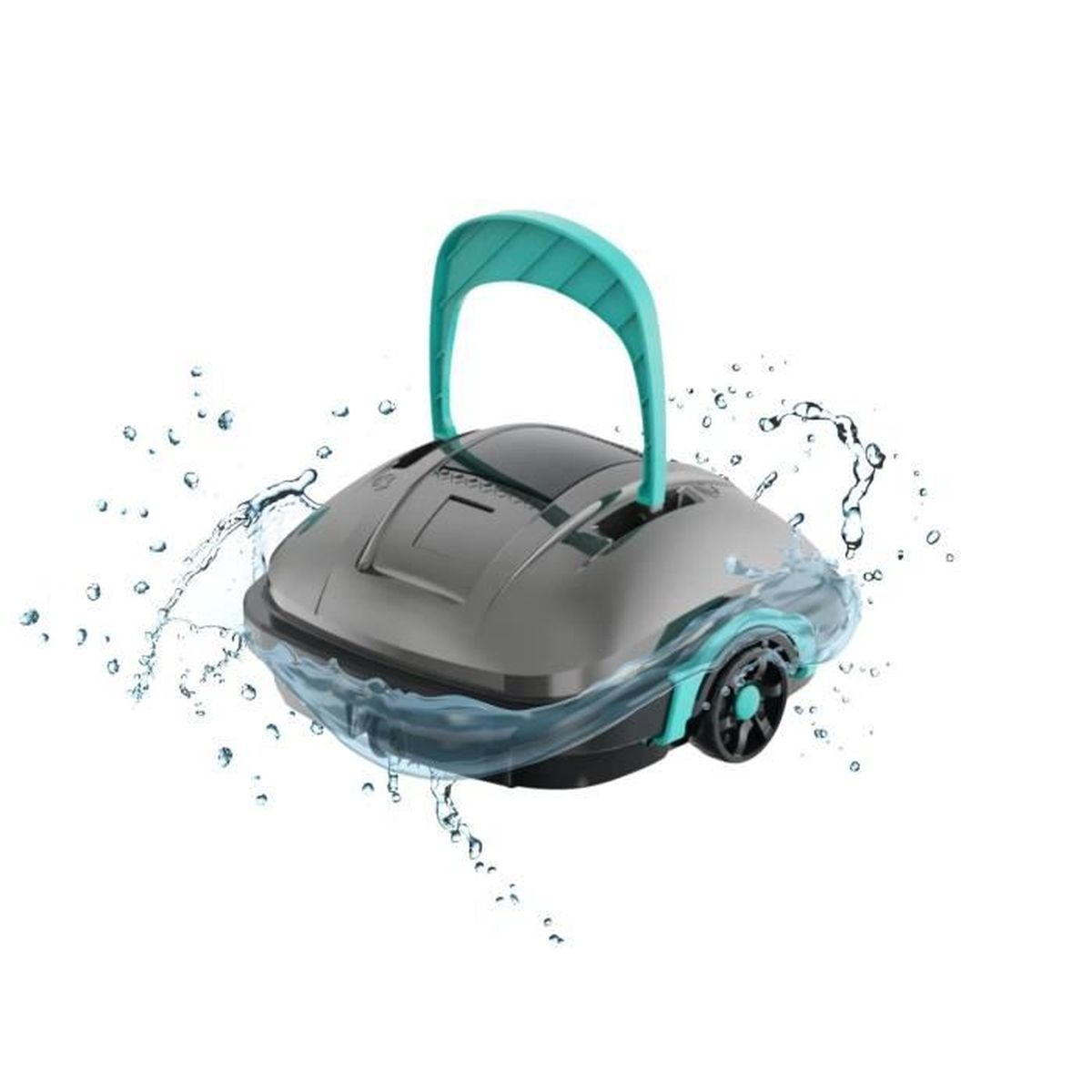 Ein grauer Poolreiniger mit türkisfarbenem Griff und Rädern spritzt Wasser.