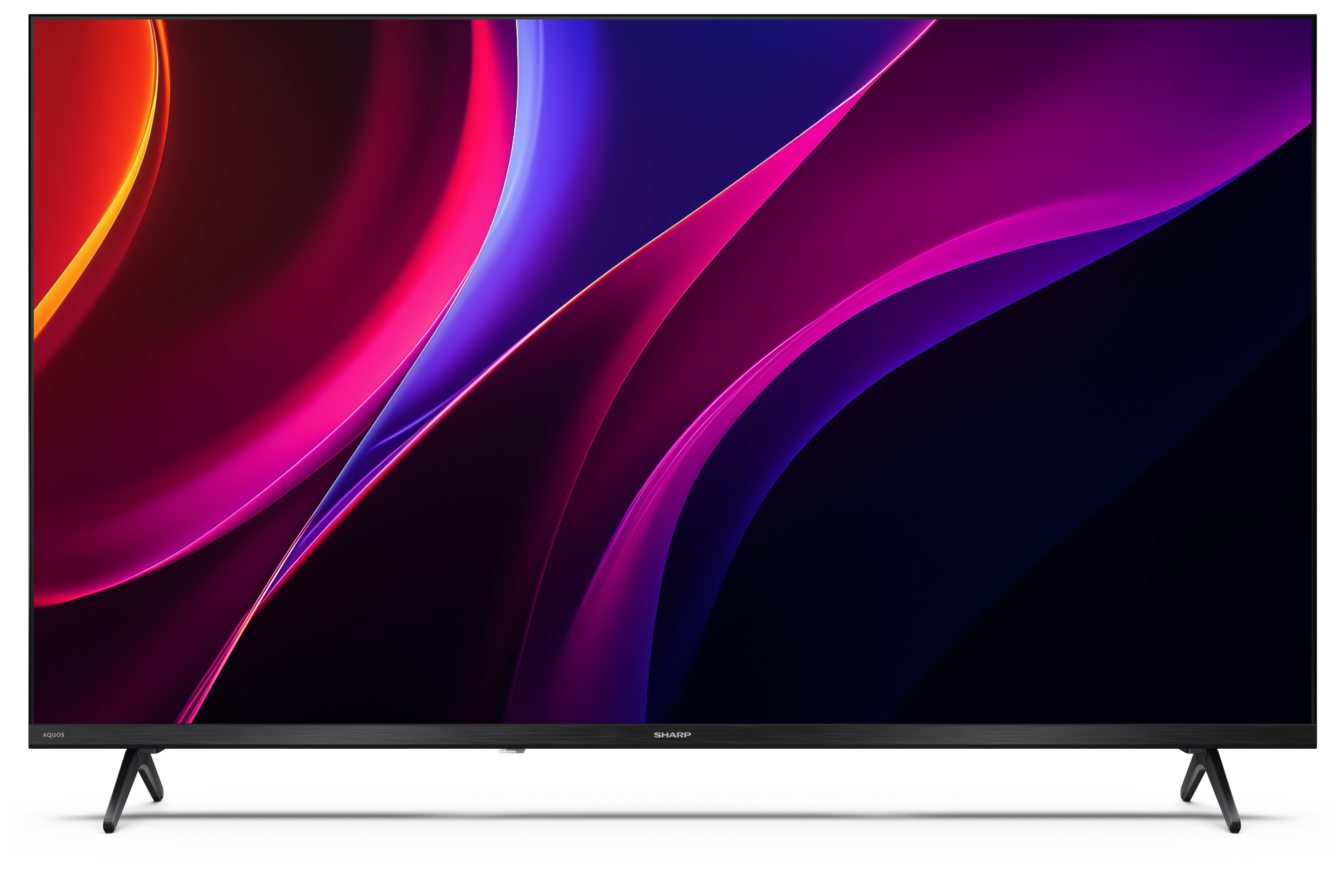 Ein moderner Fernseher mit abstraktem, farbigem Hintergrund. Dunkelblau und Pink dominieren.