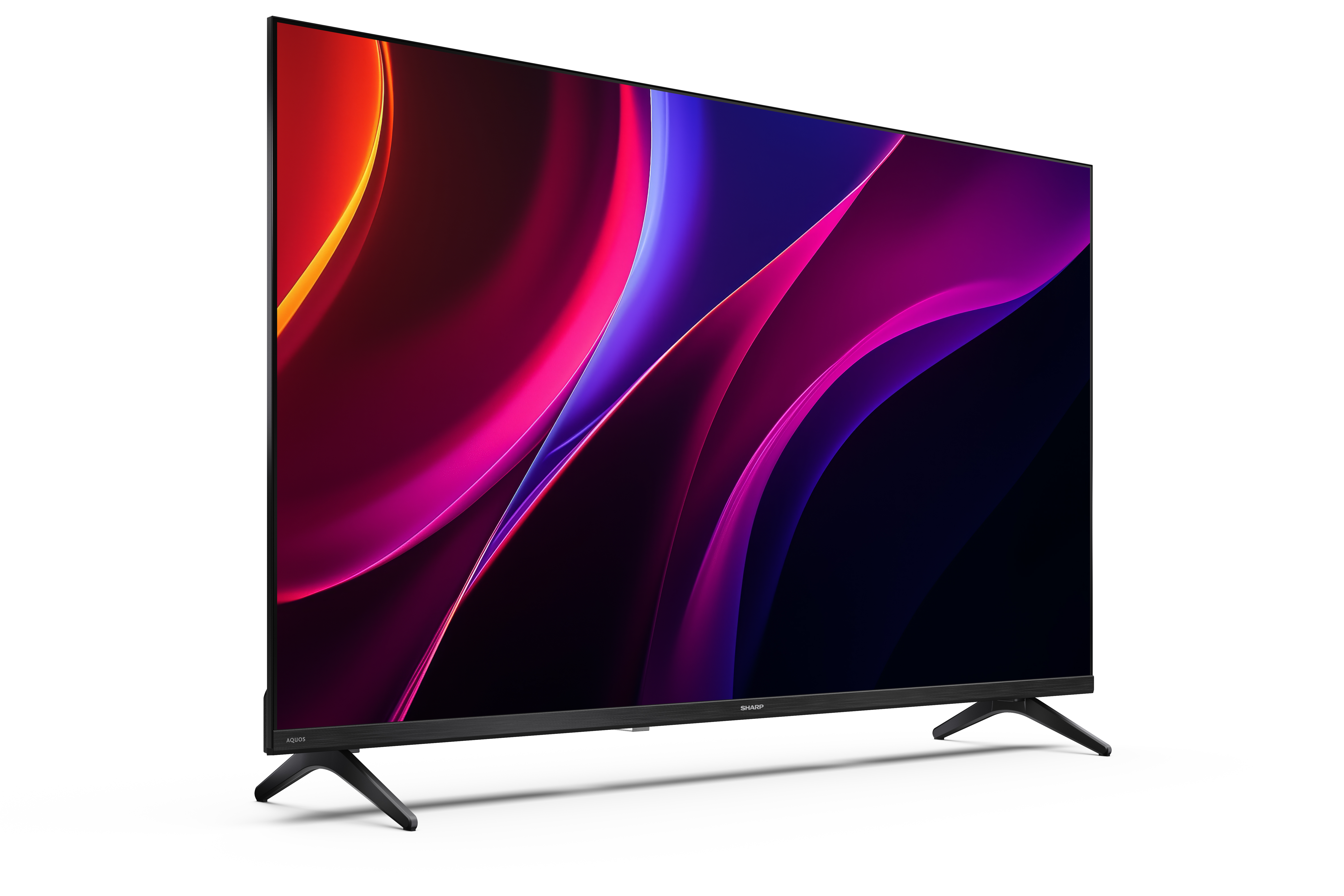 Ein moderner schwarzer Fernseher mit einem abstrakten, farbenfrohen Bildschirmschoner.