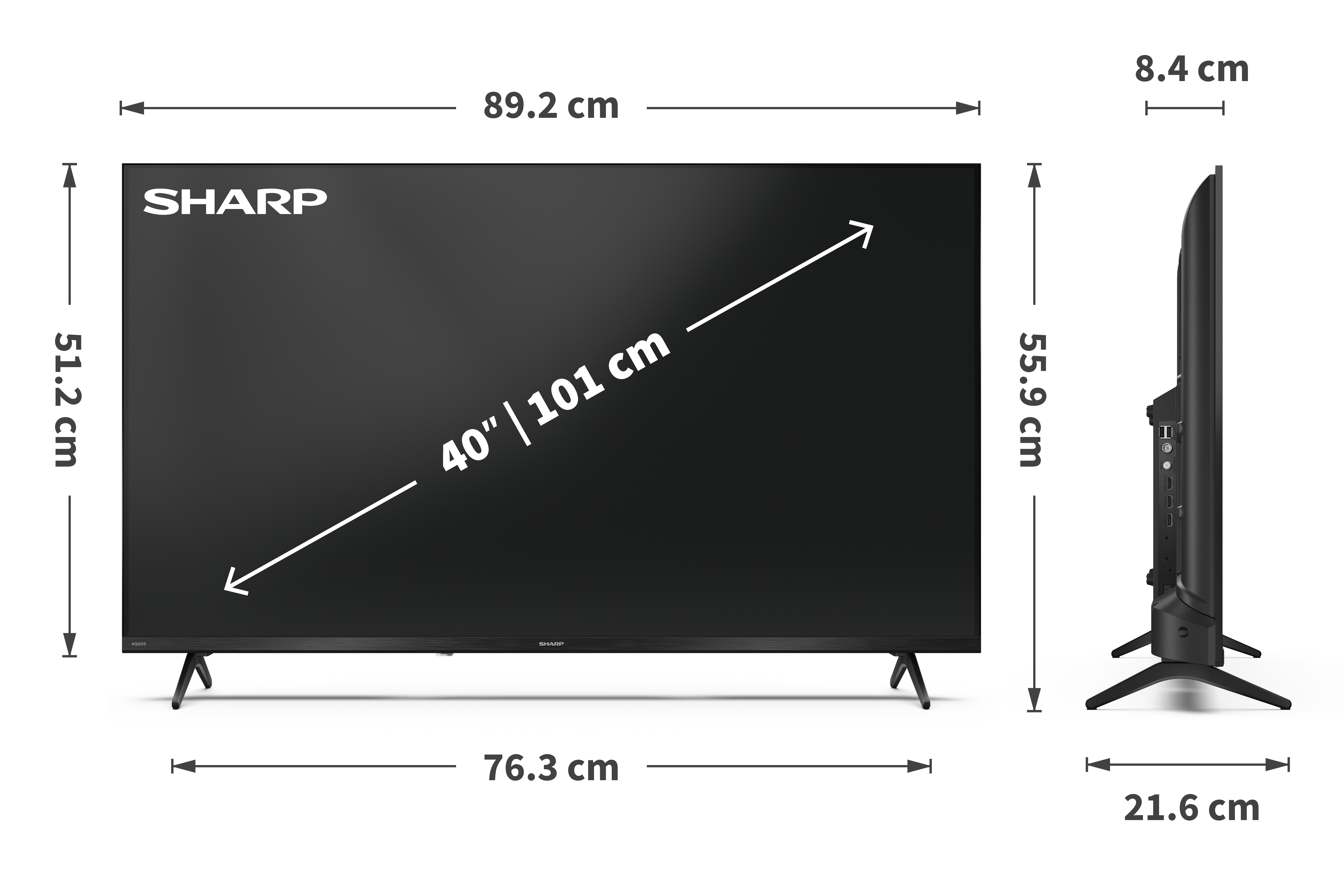 Ein 40-Zoll-Fernseher von Sharp mit Abmessungen und Anschlüssen.