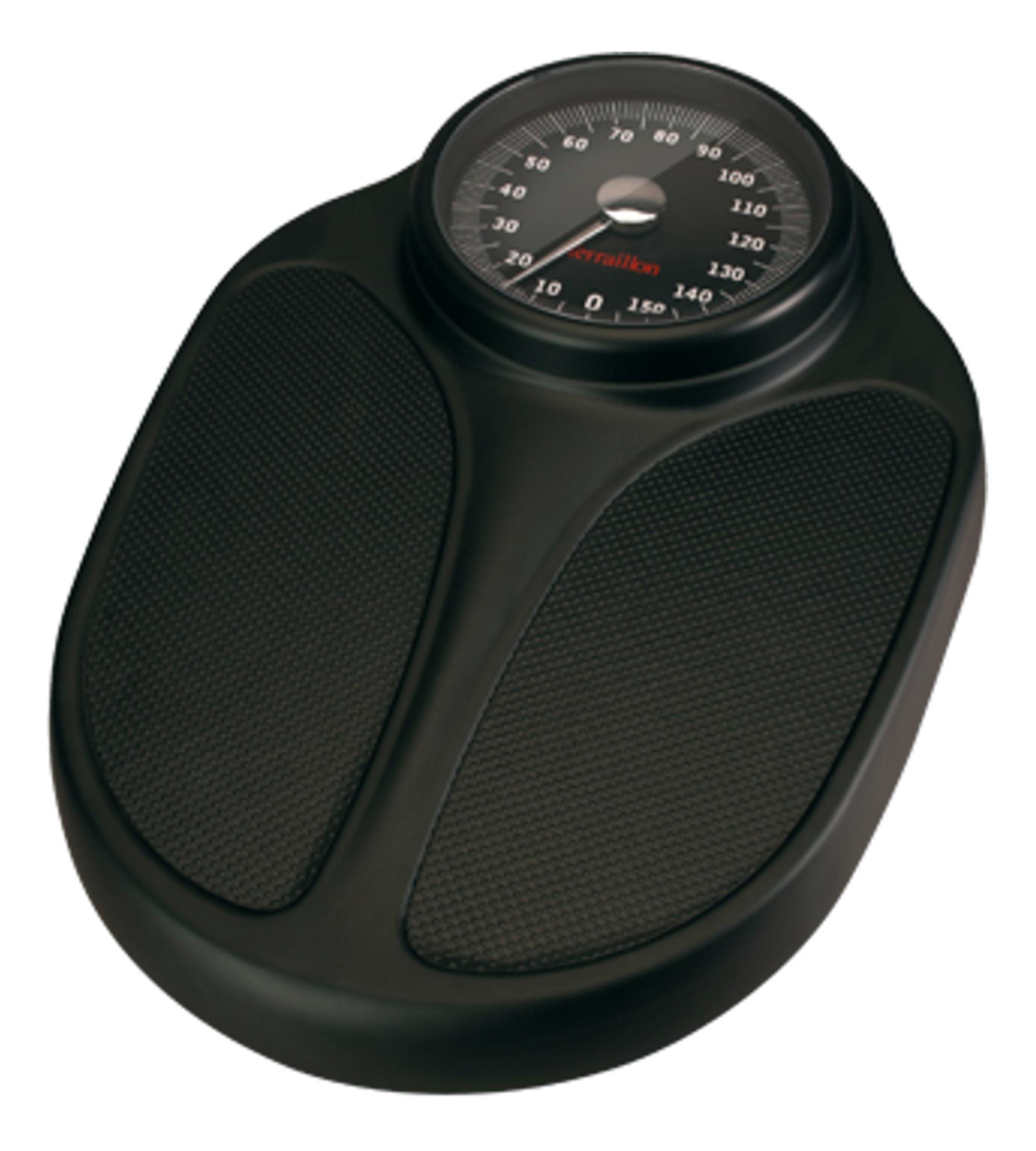 Czarna waga analogowa z teksturowanymi podnóżkami i okrągłą tarczą pokazującą pomiary wagi.