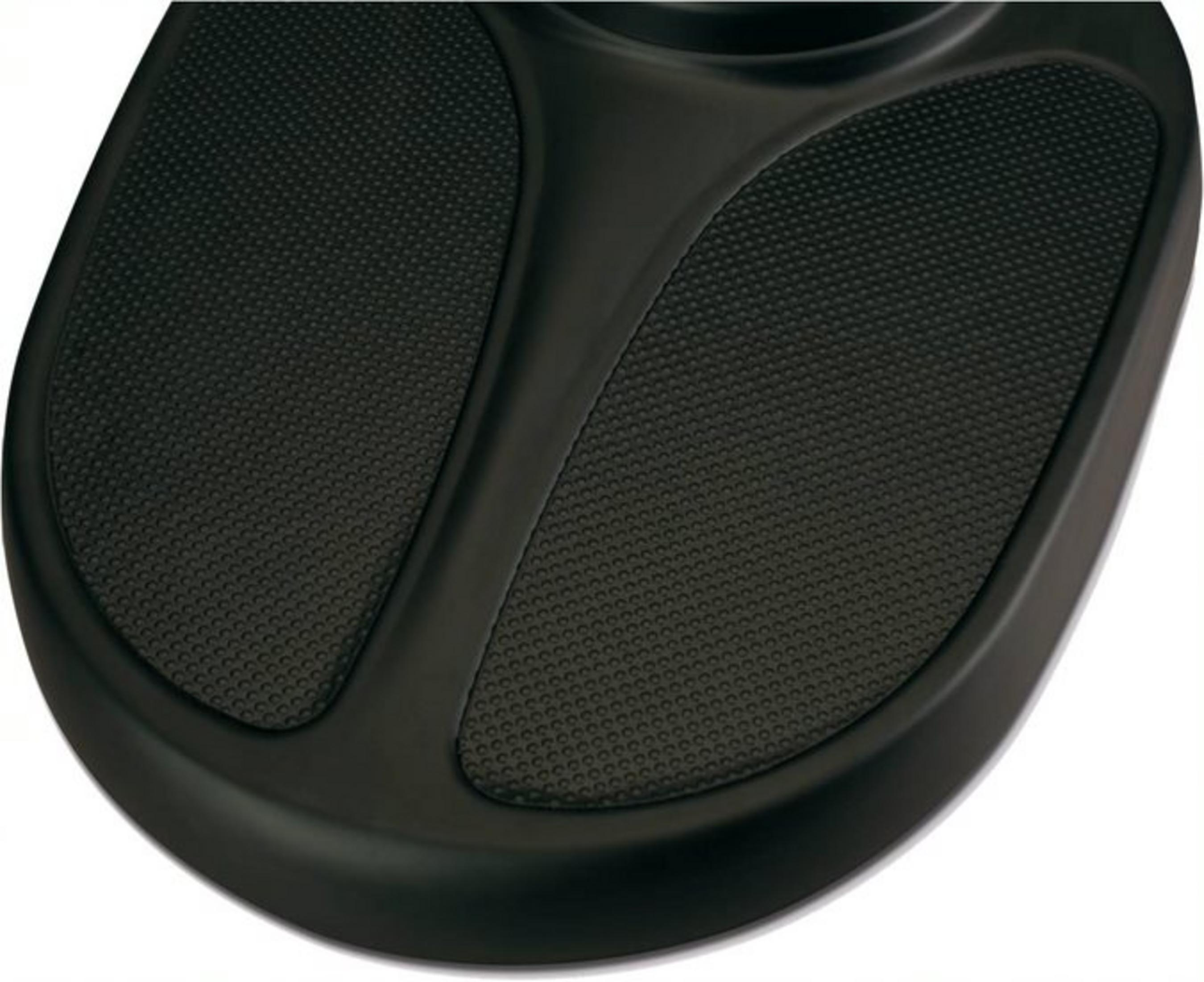 Czarna teksturowana podnóżek z podniesionymi krawędziami i gładkim środkowym drążkiem.