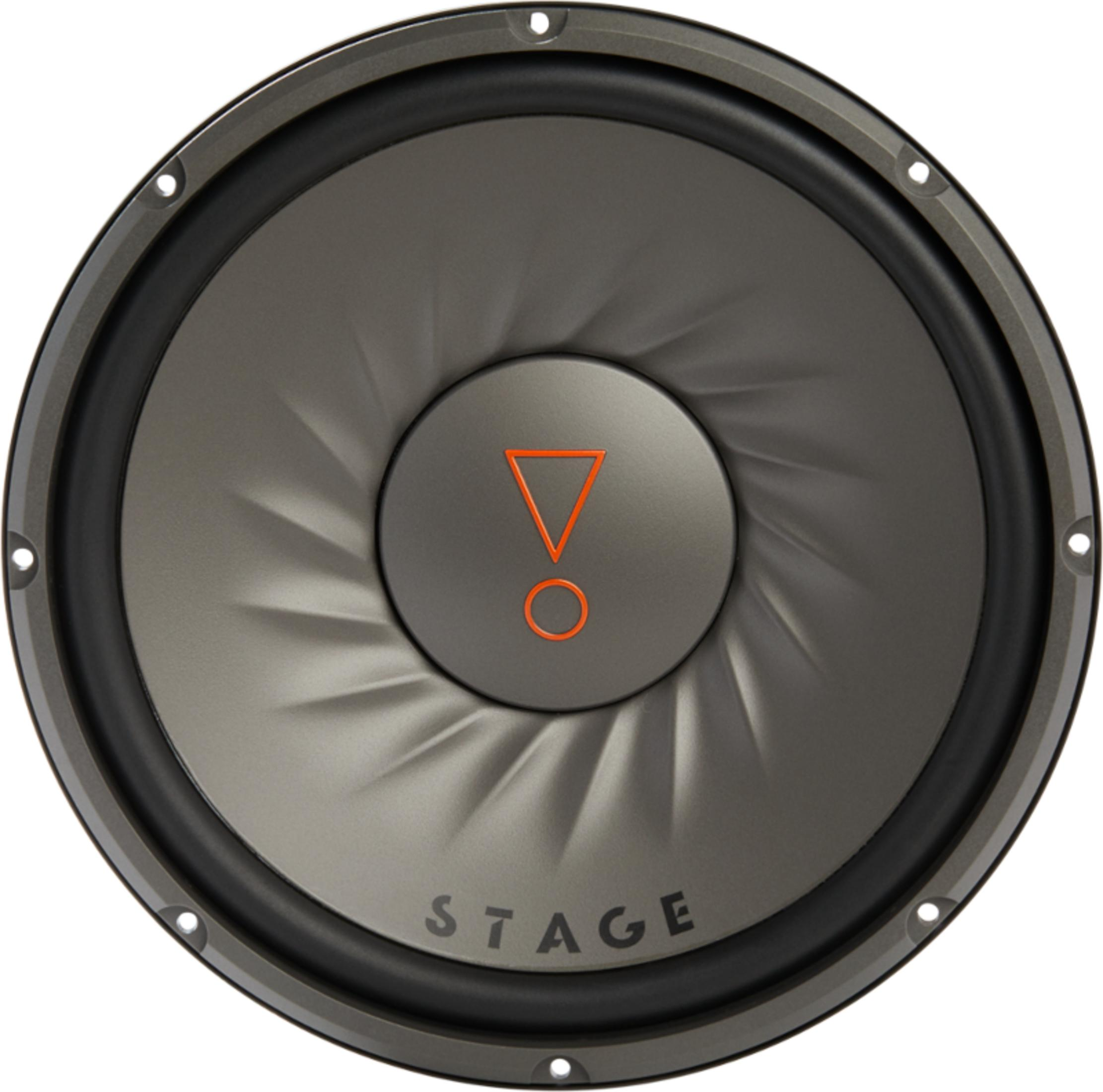 Ein grauer Subwoofer mit orangefarbenem Logo und dem Schriftzug "STAGE".