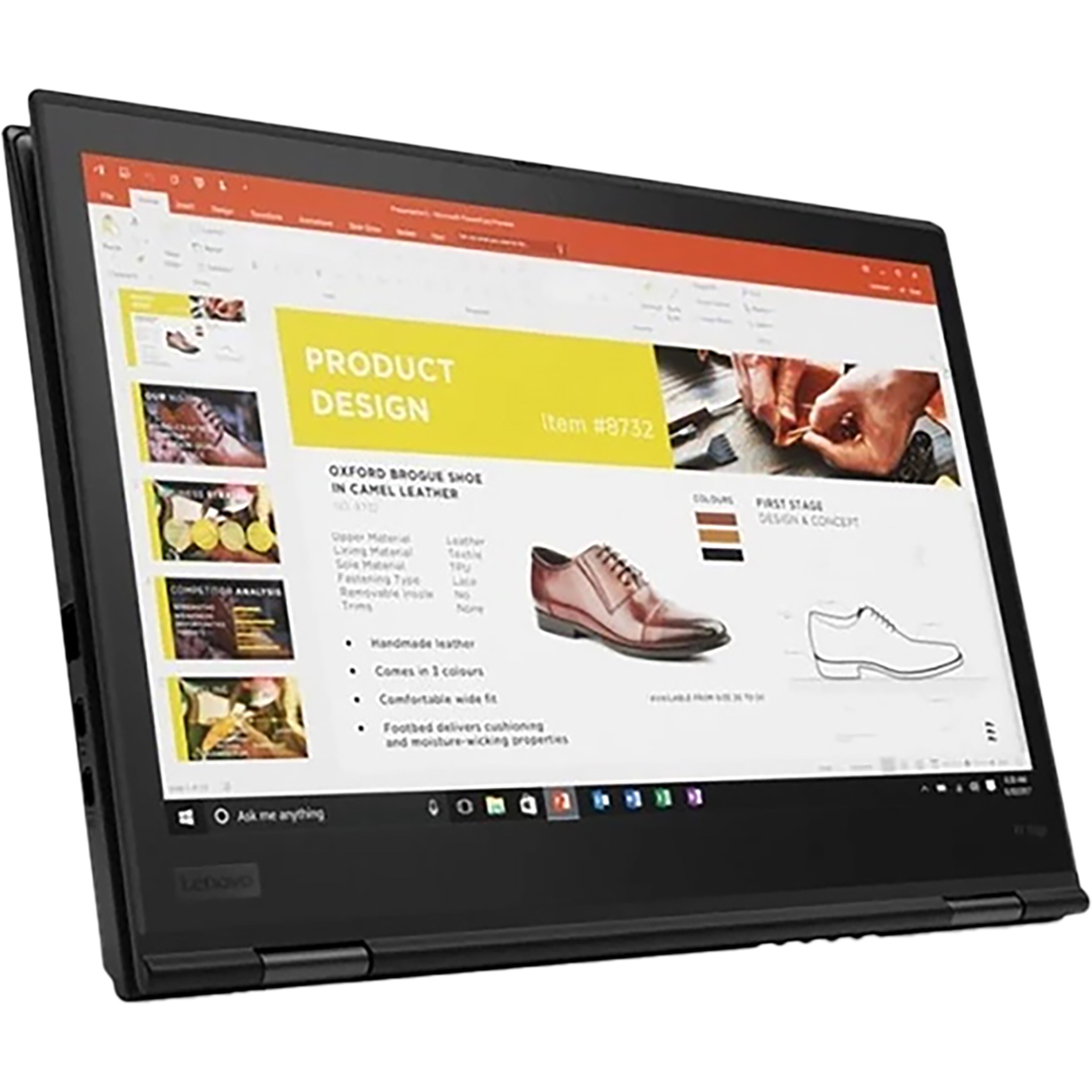 Een open laptop toont een presentatie over schoenen, met afbeeldingen en tekst.