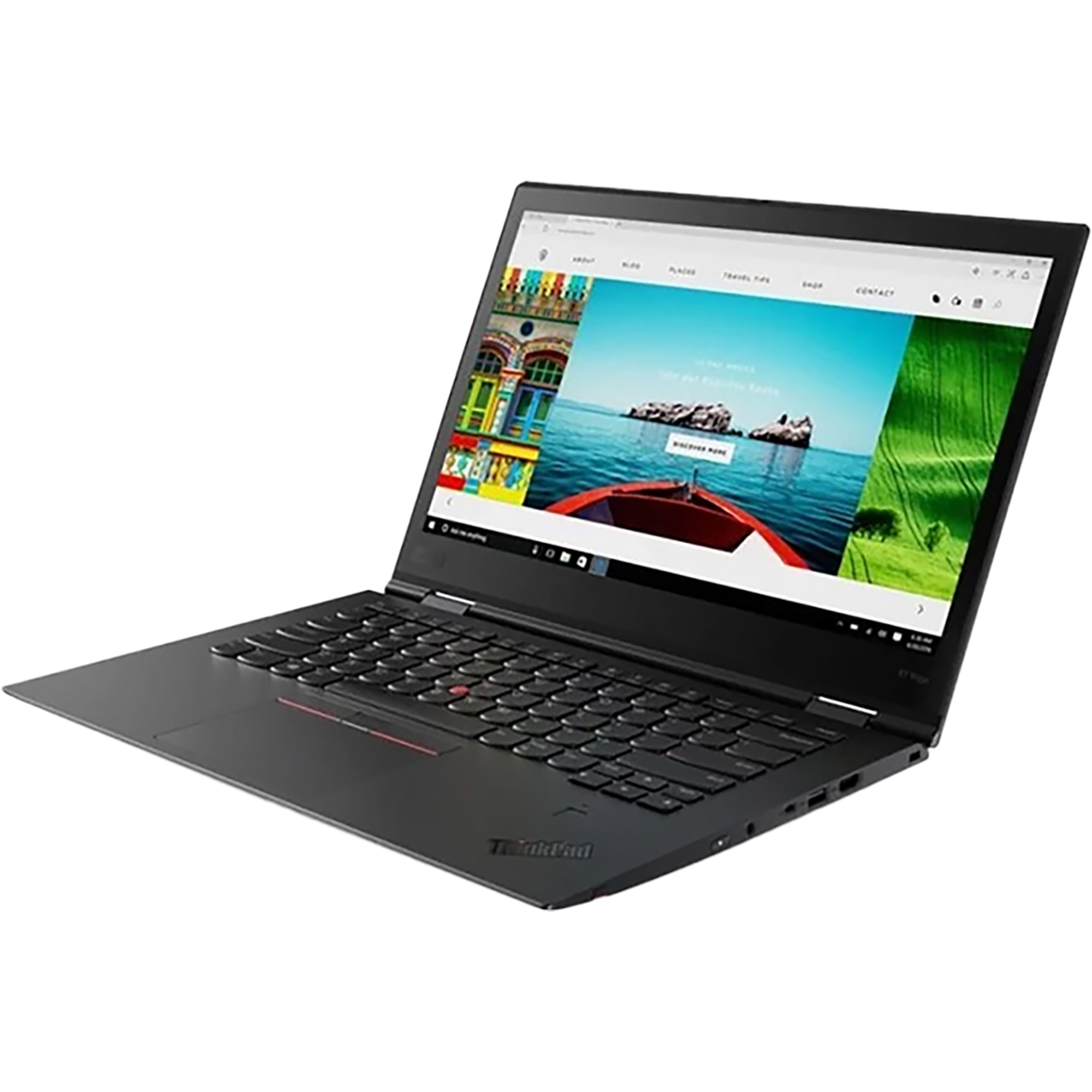 Een open zwarte ThinkPad-laptop met een kleurrijk websiteontwerp op het scherm.