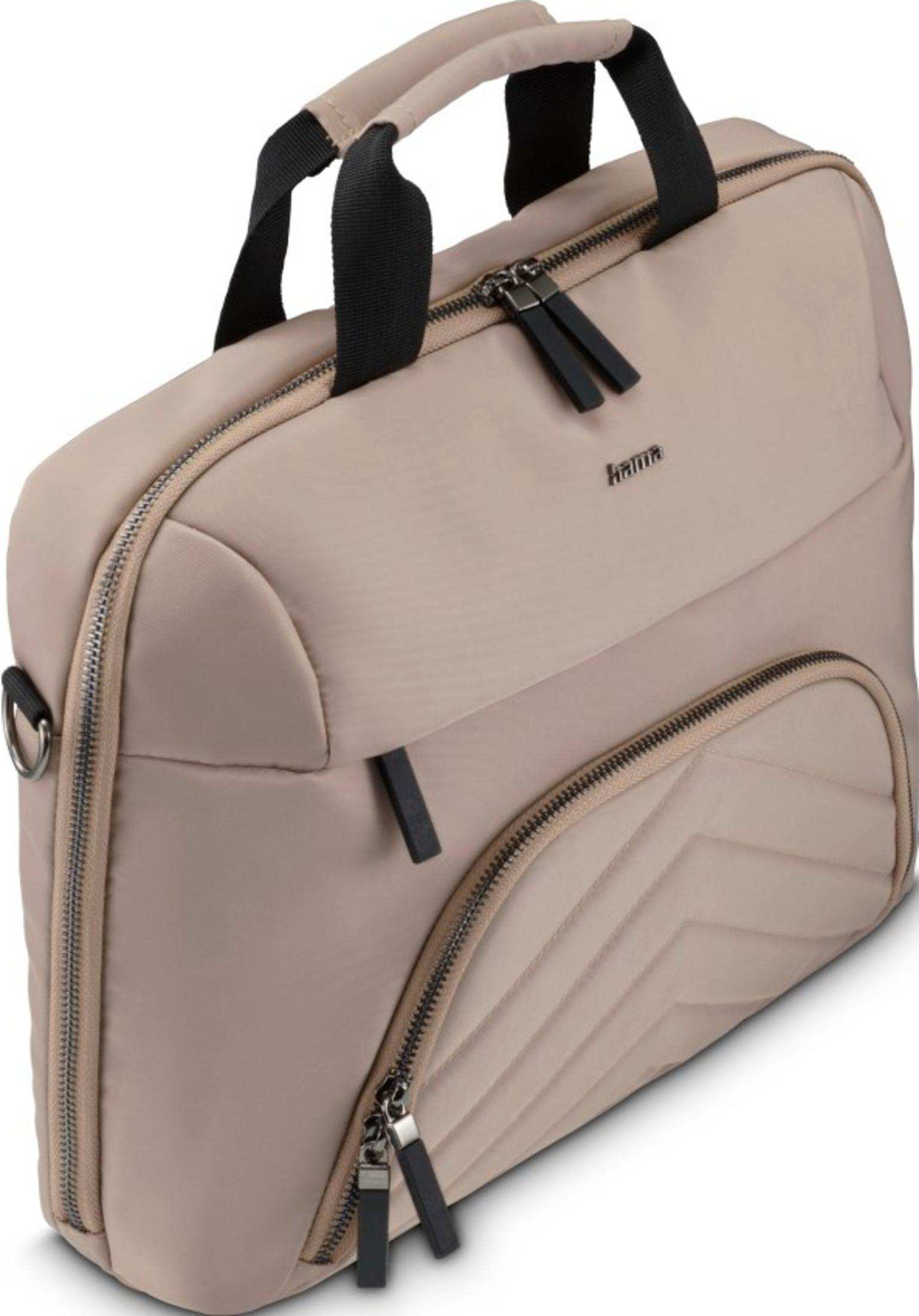 Beżowa torba na laptopa z dwoma czarnymi uchwytami i zapinanymi na zamek przegrodami.