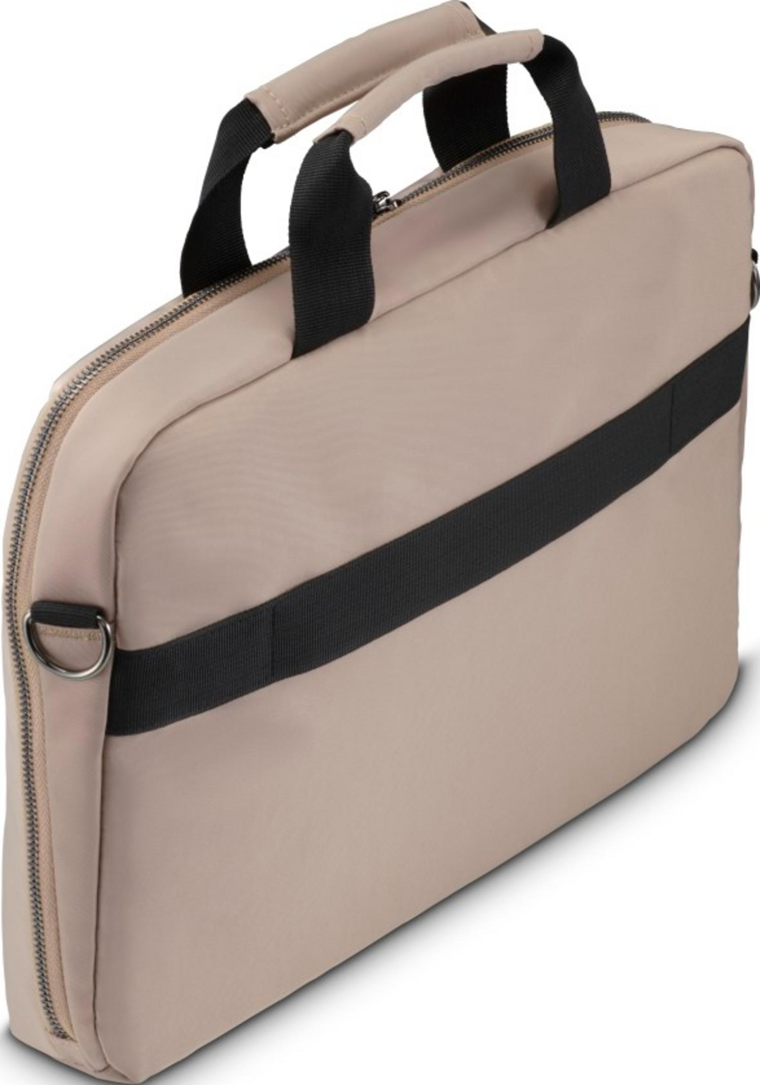 Beżowa torba na laptop z czarnymi uchwytami i czarnym paskiem.