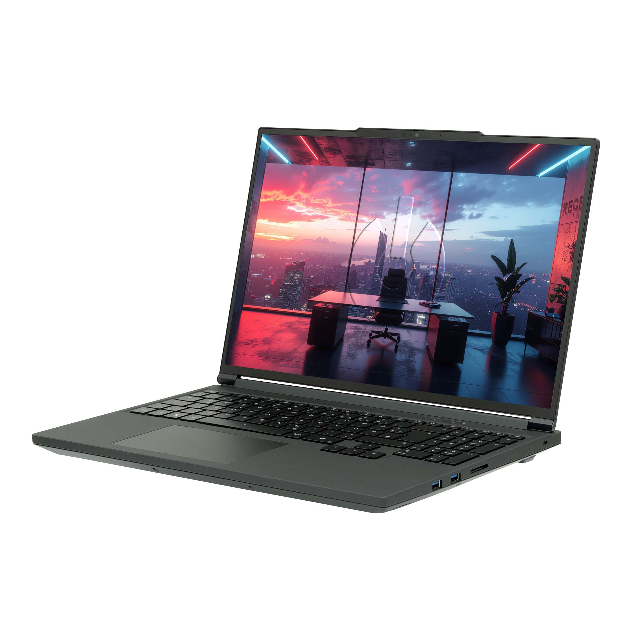 Ein dunkler Laptop mit einem Bild eines Büros bei Sonnenuntergang auf dem Bildschirm.