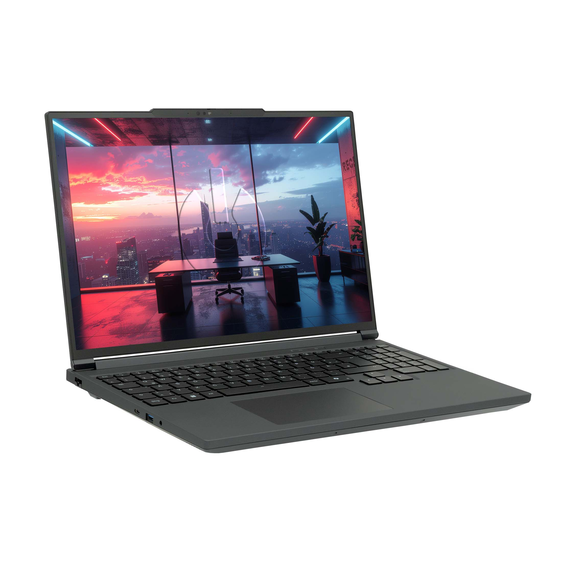 Ein geschlossener Laptop mit einem stilvollen Büro auf dem Bildschirm.