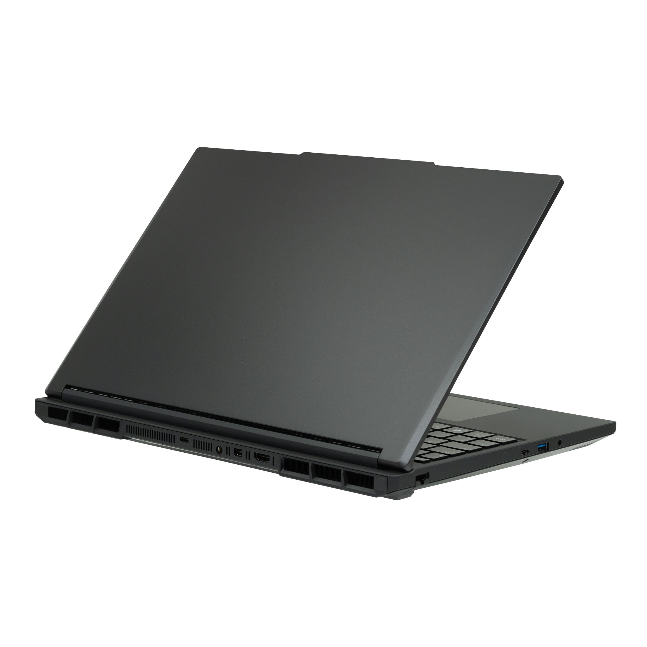 Ein schwarzer Laptop mit geöffnetem Deckel, Rückansicht, auf weißem Hintergrund.