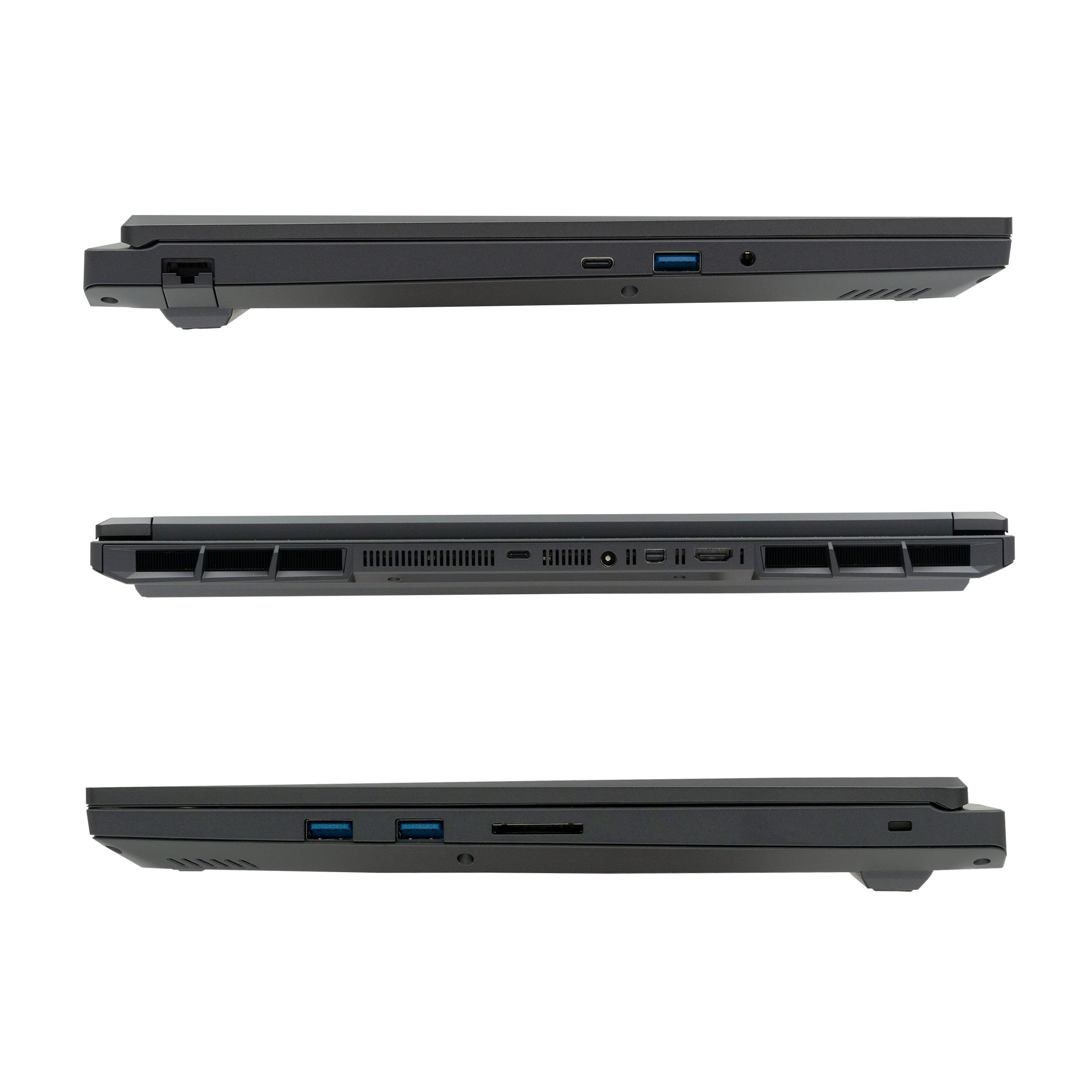 Seitenansicht eines geschlossenen schwarzen Laptops mit Anschlüssen.
