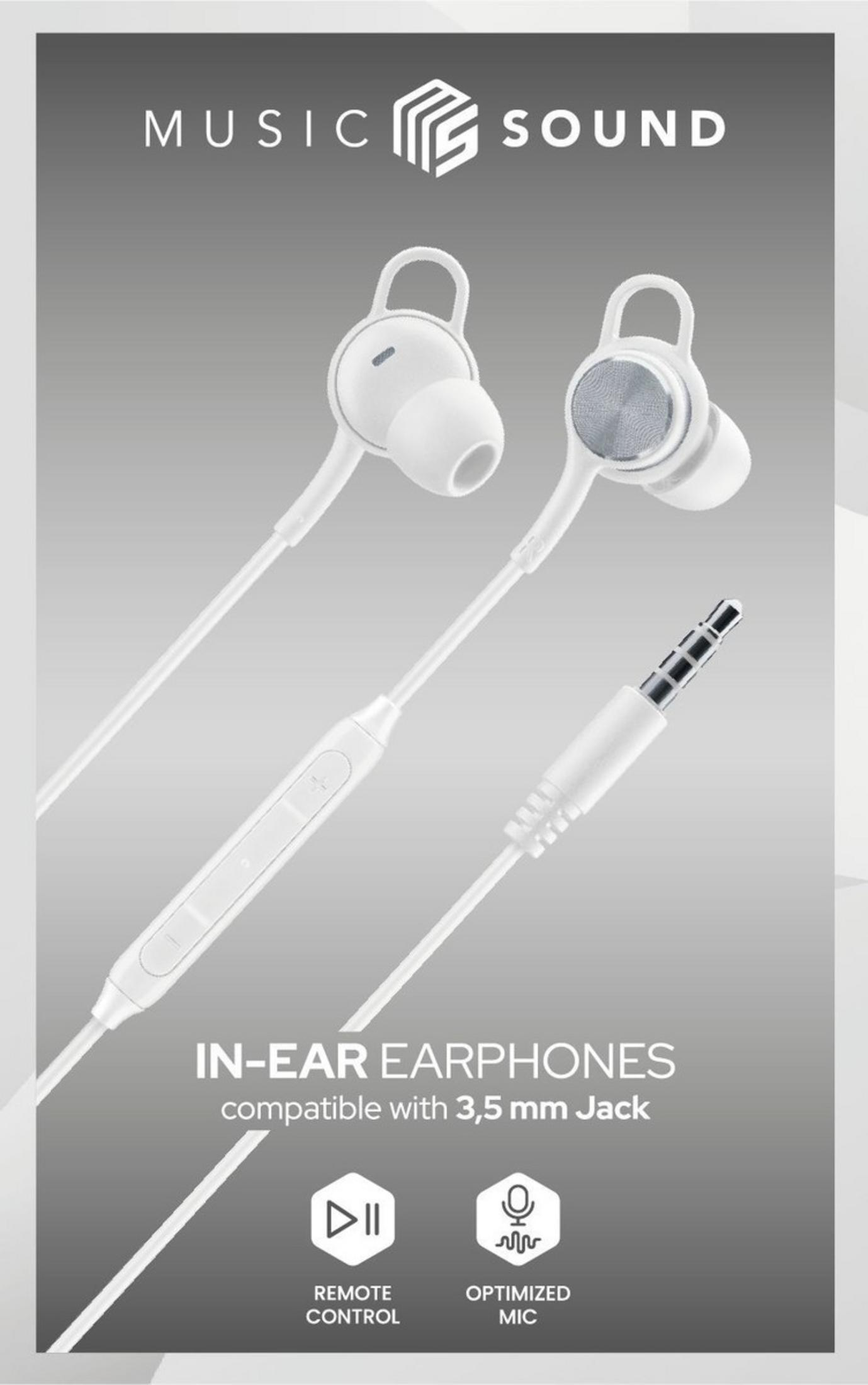 Weiße In-Ear-Kopfhörer mit 3,5-mm-Klinkenstecker, Fernbedienung und Mikrofon.