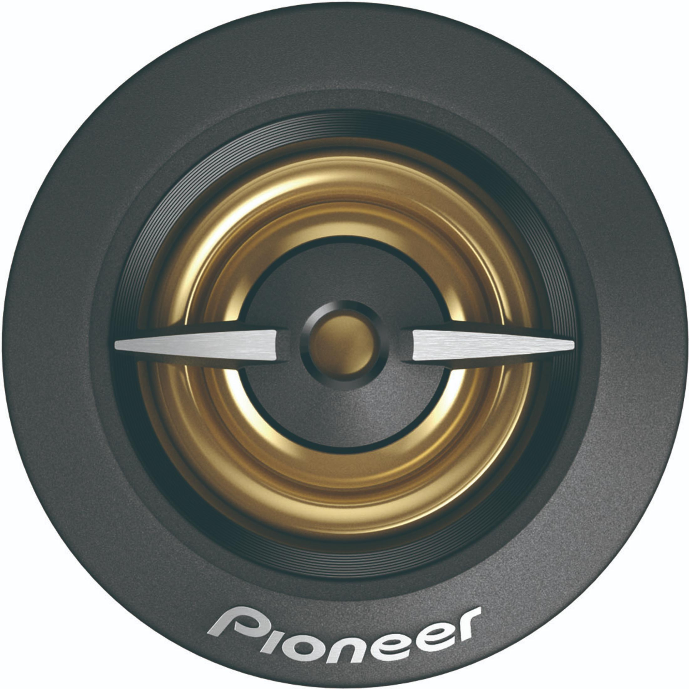 Haut-parleur Pioneer noir avec centre doré et accents argentés.