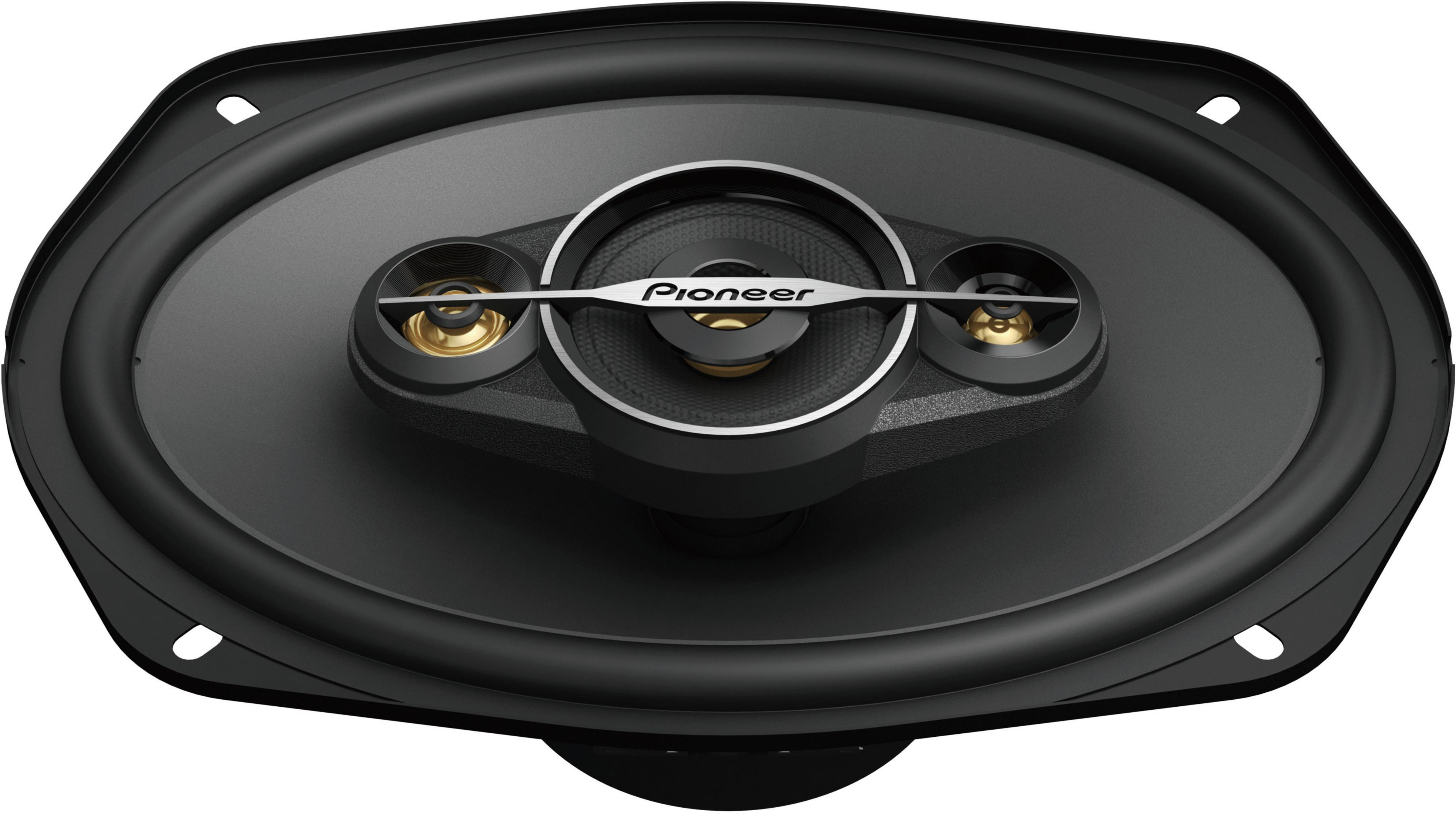 Altavoz ovalado negro Pioneer con logo plateado y acentos dorados.