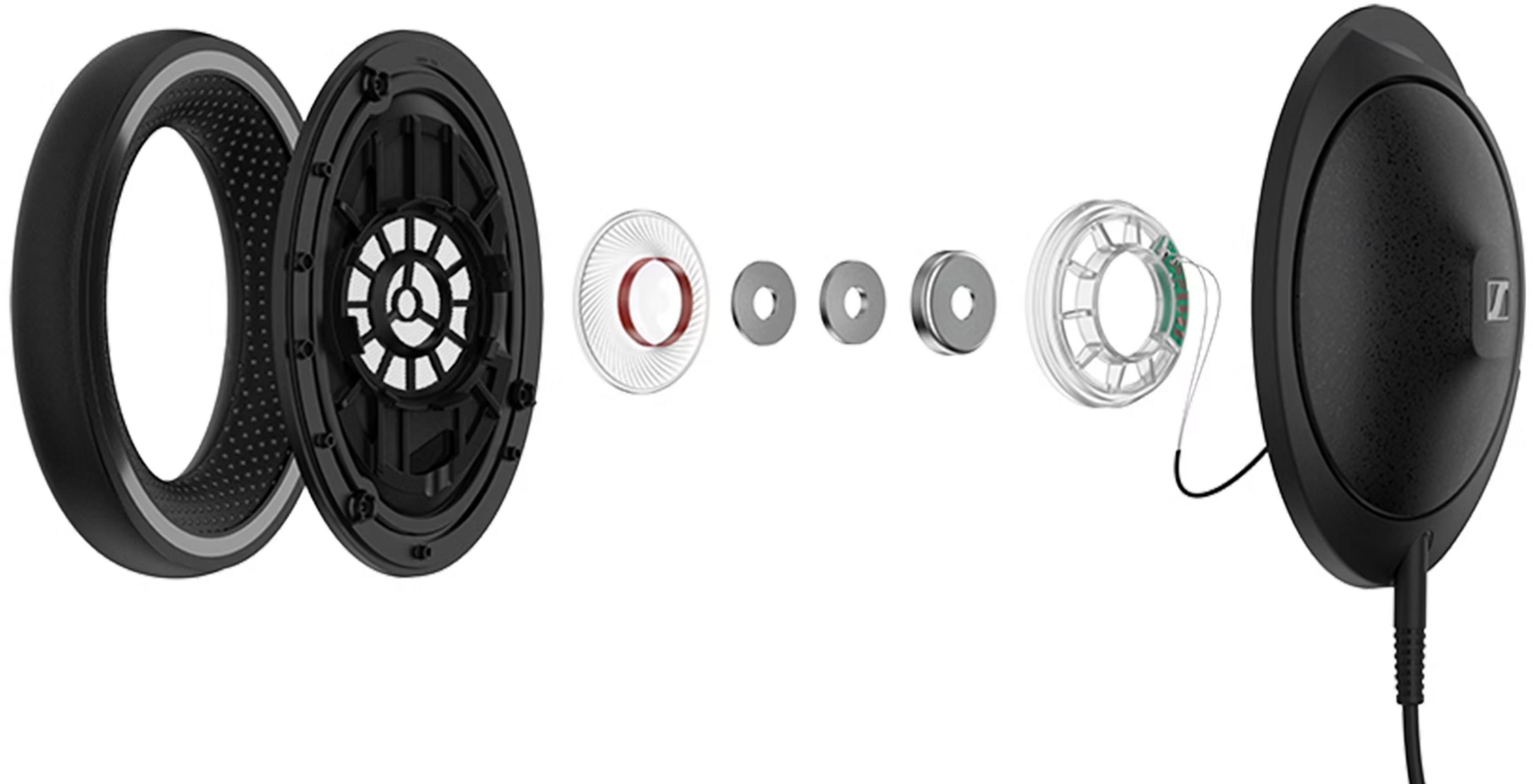 Vista explosionada de componentes de auriculares: almohadilla, altavoz, anillos y cable.