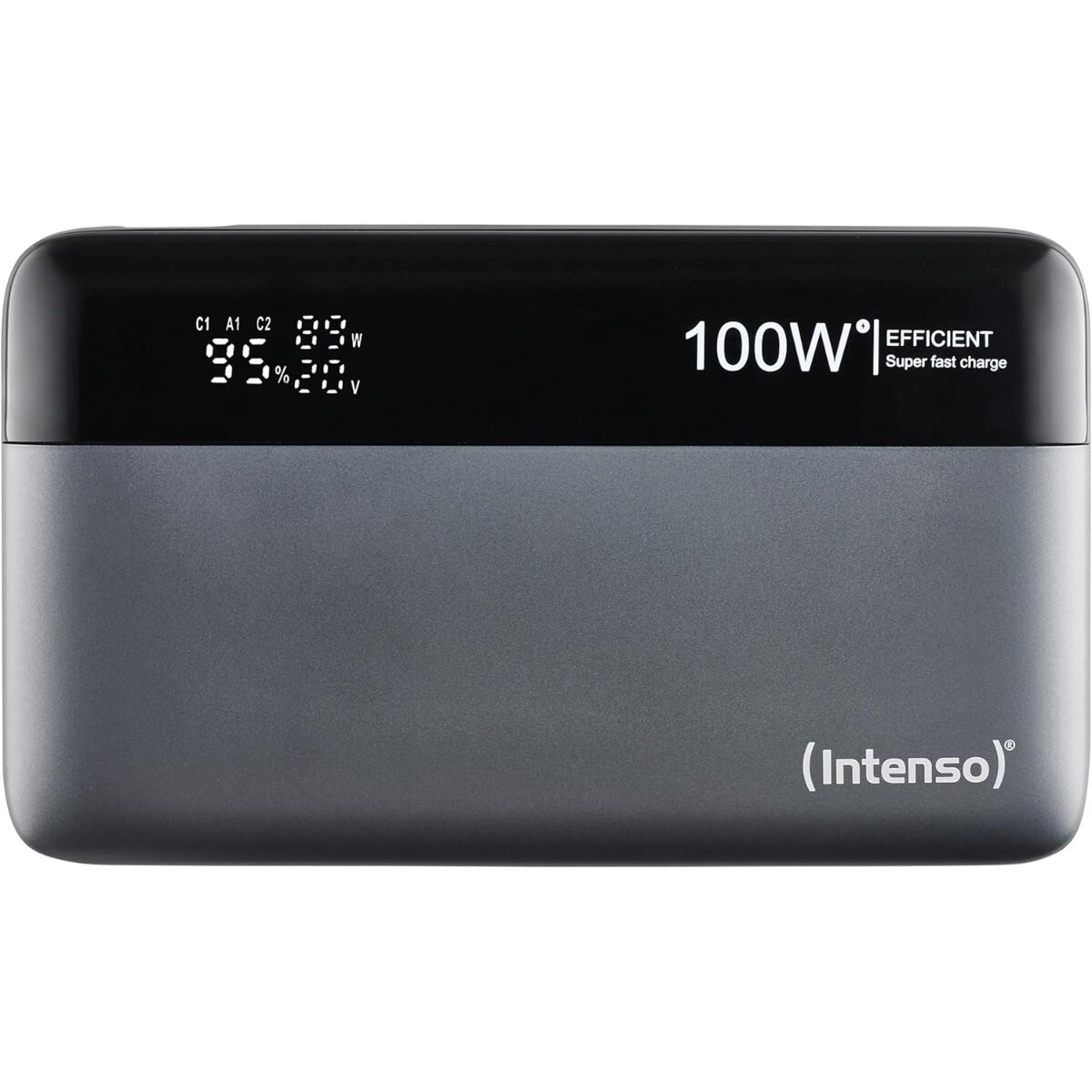 Un power bank Intenso grigio con potenza di ricarica di 100W e display digitale.