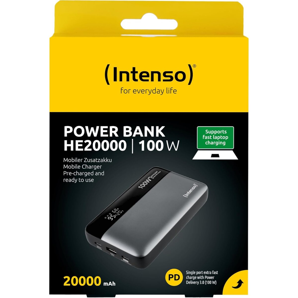 Power Bank Intenso HE20000, 100W, 20000mAh, supporta ricarica rapida laptop.