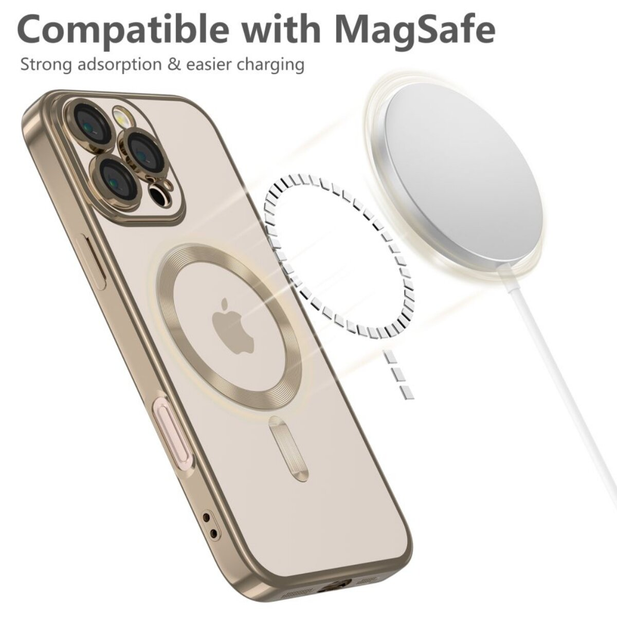Goldenes iPhone mit MagSafe-Ladegerät und Hülle.