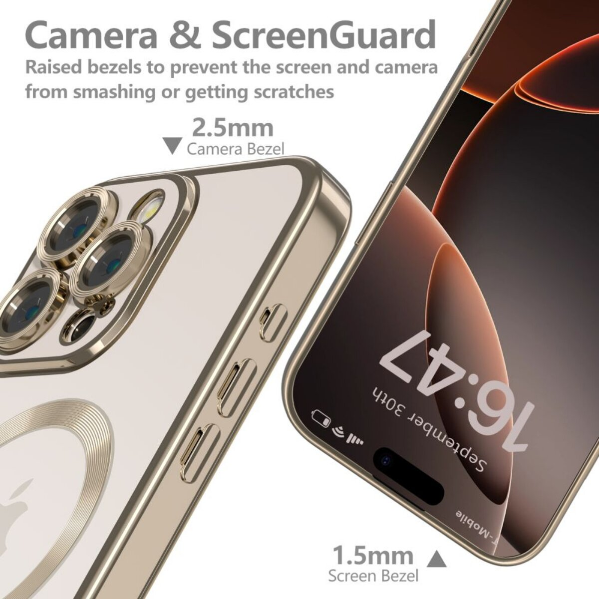 Goldene Handyhülle mit Kameraschutz und Displayschutz. Mit 2,5 mm Kamerarahmen.