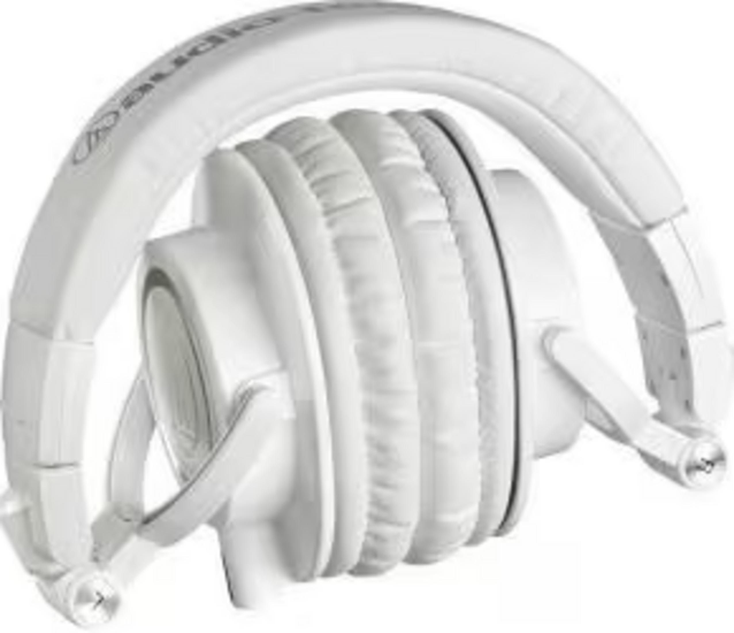 White, foldable headphones with padded headband and earcups. Logo visible.