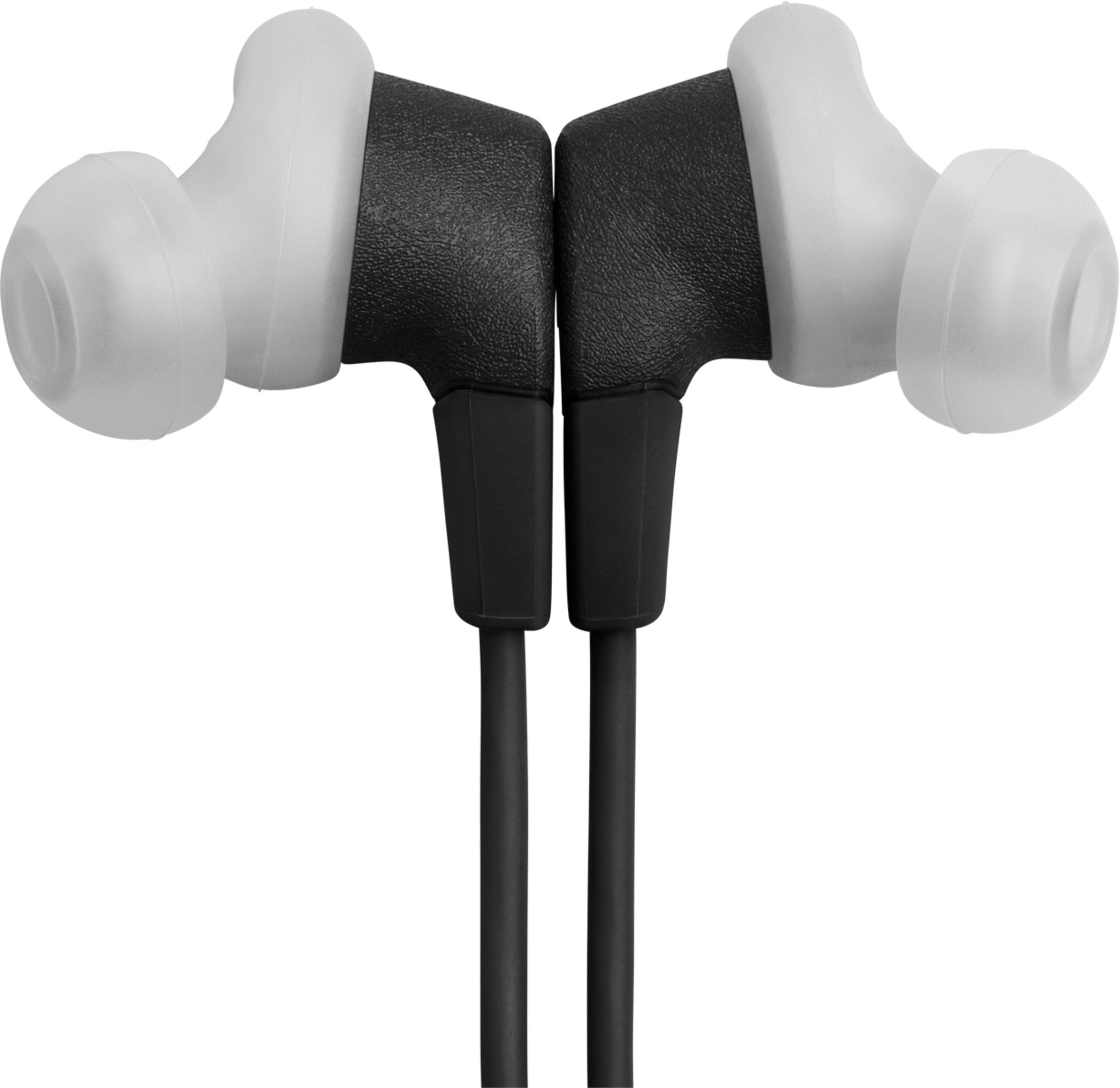 Dwa czarne słuchawki douszne z białymi końcówkami, zbliżenie.