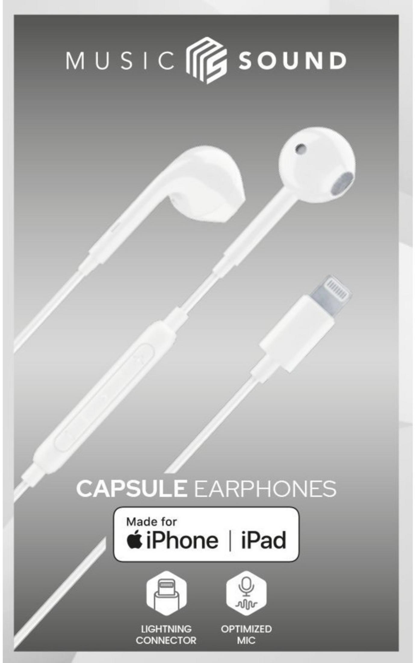 Weiße Kapsel-Ohrhörer mit Lightning-Anschluss und Mikrofon für iPhone/iPad.