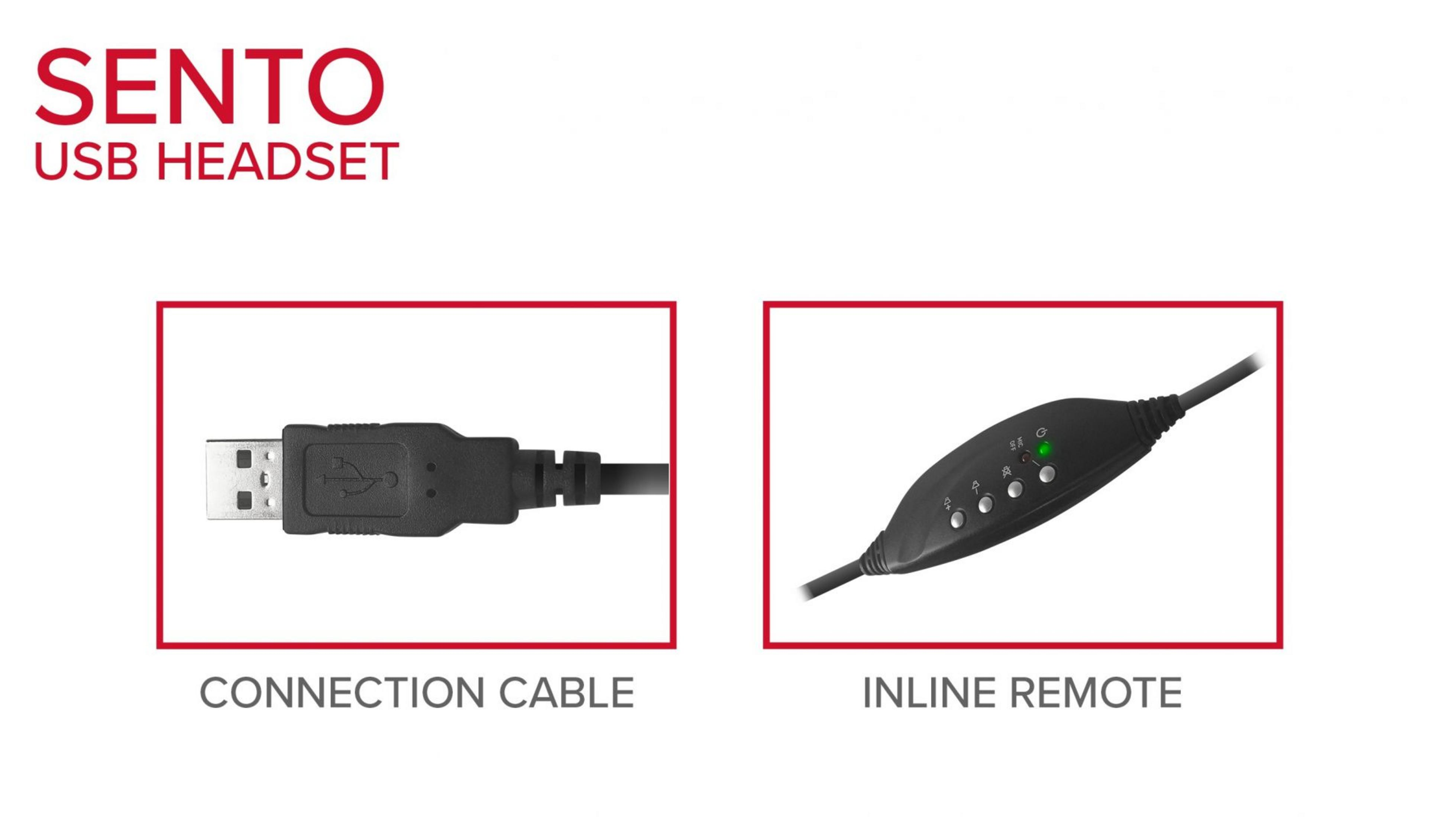 Cuffie USB Sento: Primo piano di un connettore USB e di un telecomando in linea.