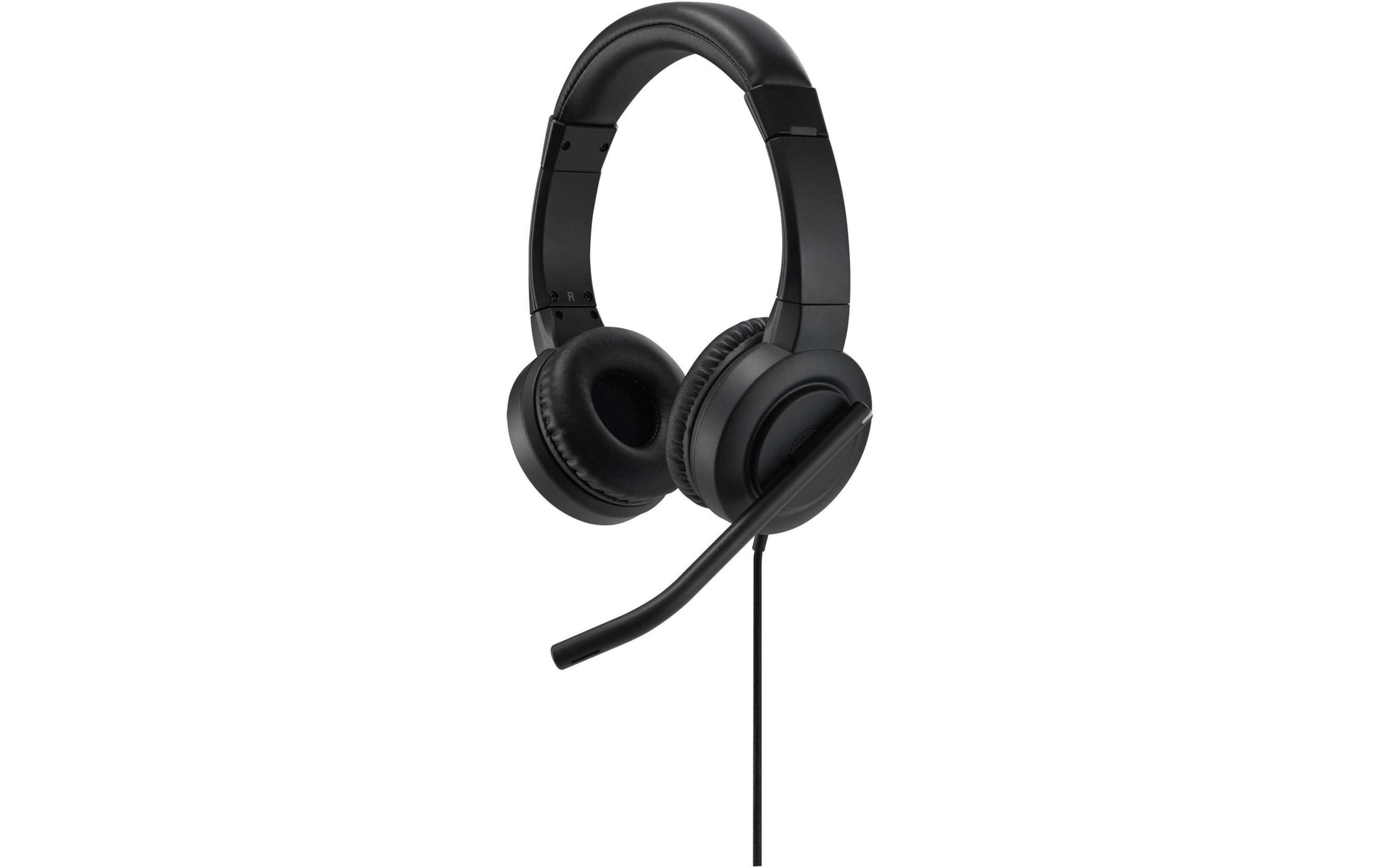 Cuffie nere over-ear con microfono, cavo, su sfondo bianco.