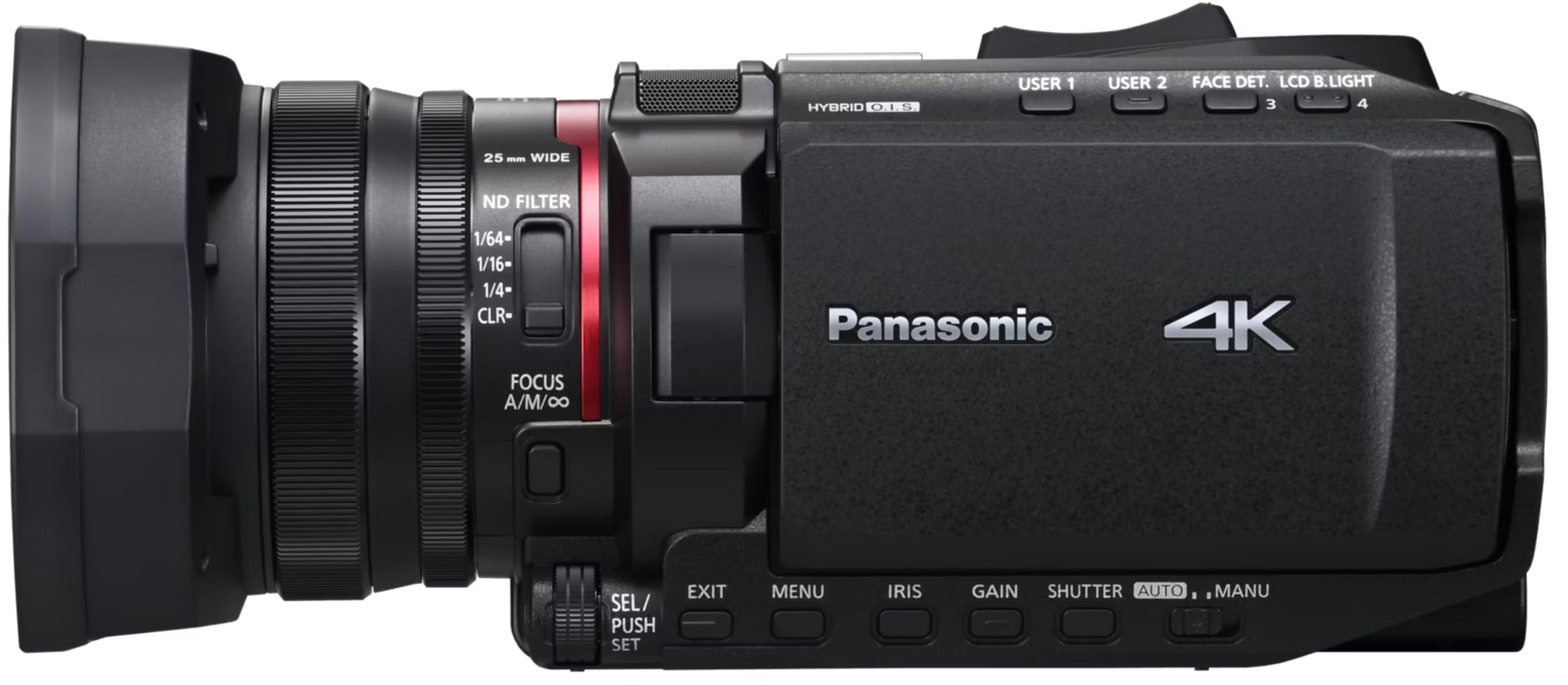 Czarna kamera wideo Panasonic 4K z obiektywem, przyciskami i etykietami.