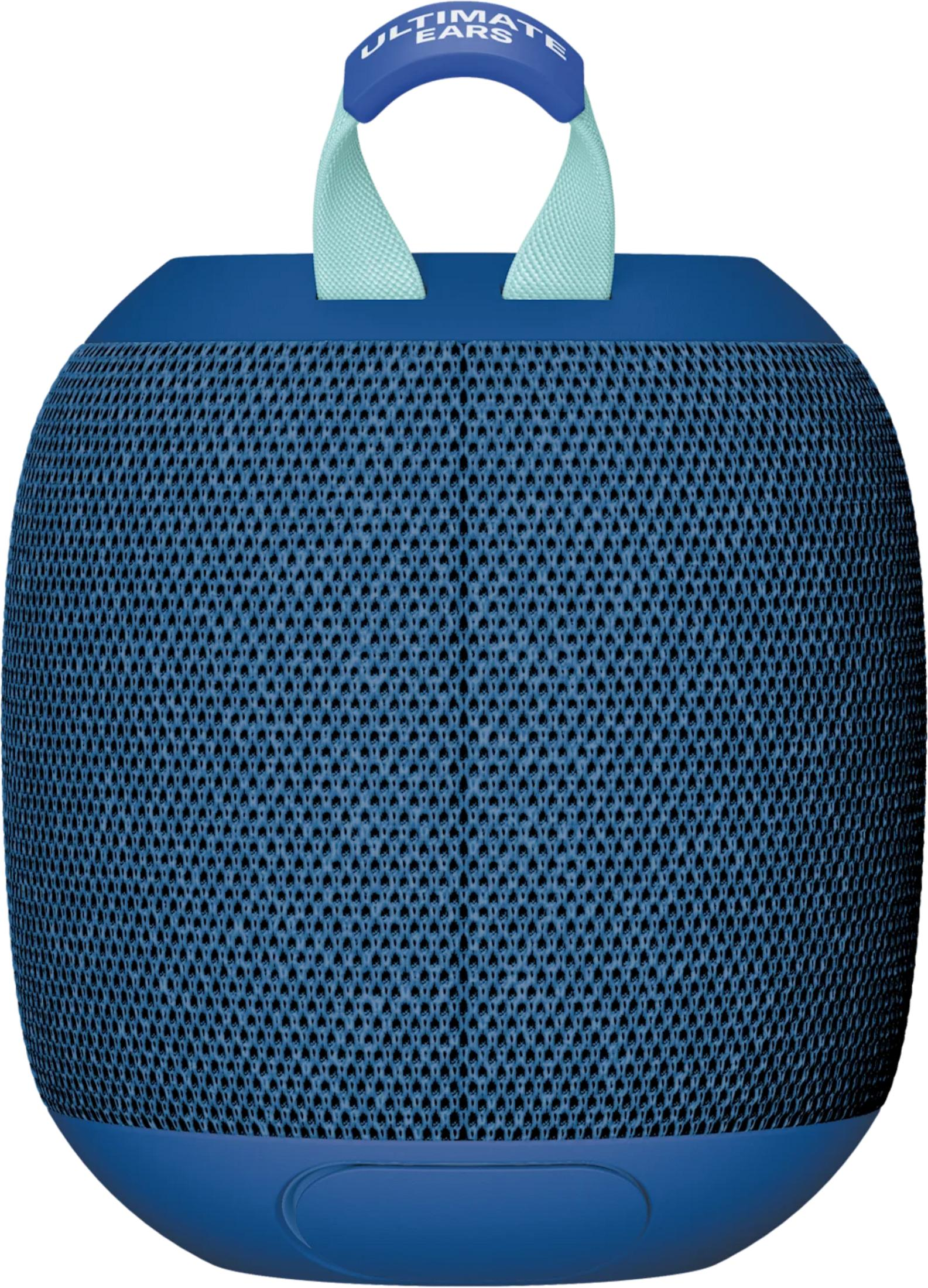 Niebieski głośnik Ultimate Ears z jasnozielonym paskiem i niebieskim uchwytem.