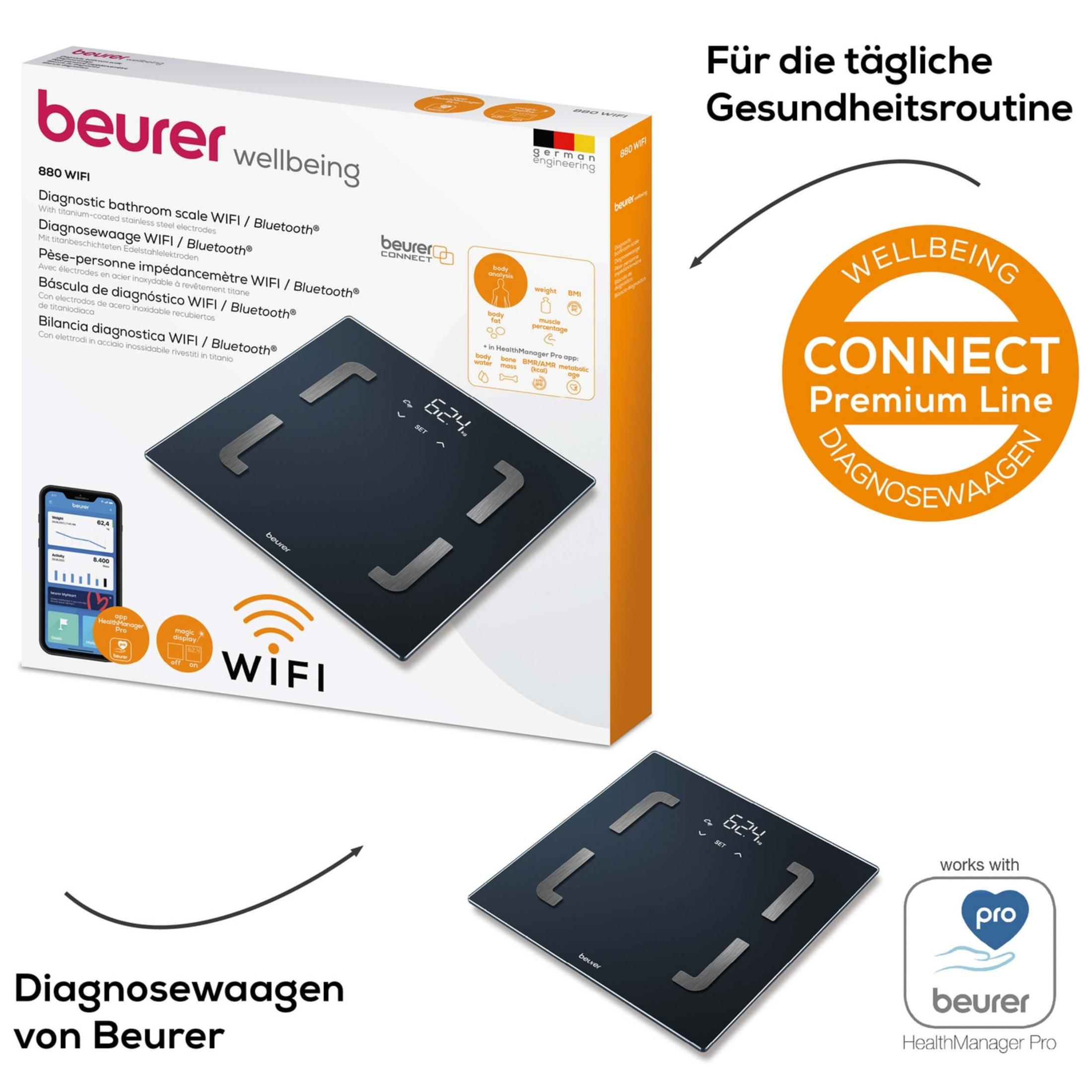 Bilancia Beurer in scatola con smartphone e bilancia. Ingegneria tedesca.