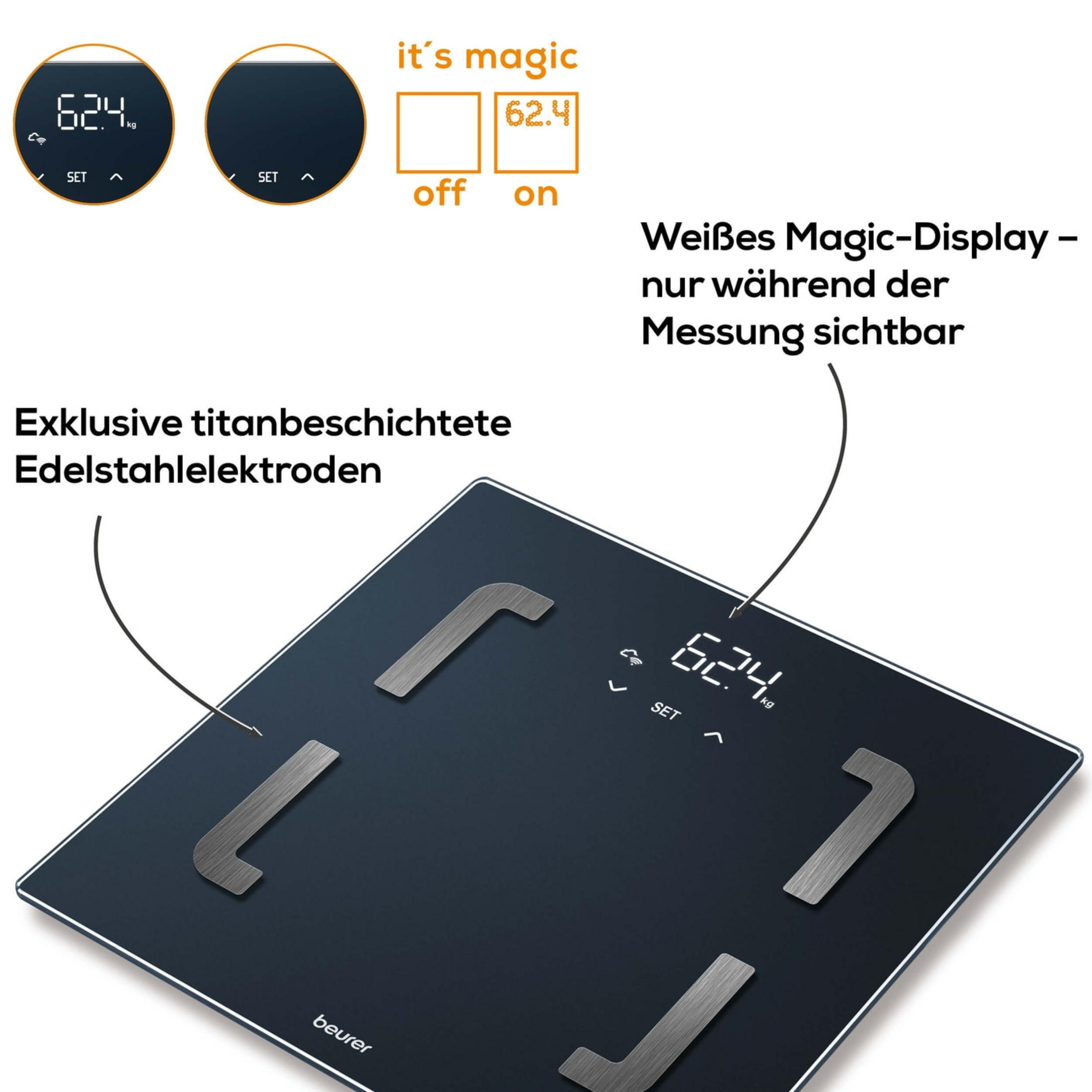 Bilancia nera con quattro elettrodi metallici e display bianco che mostra 62,4 kg.